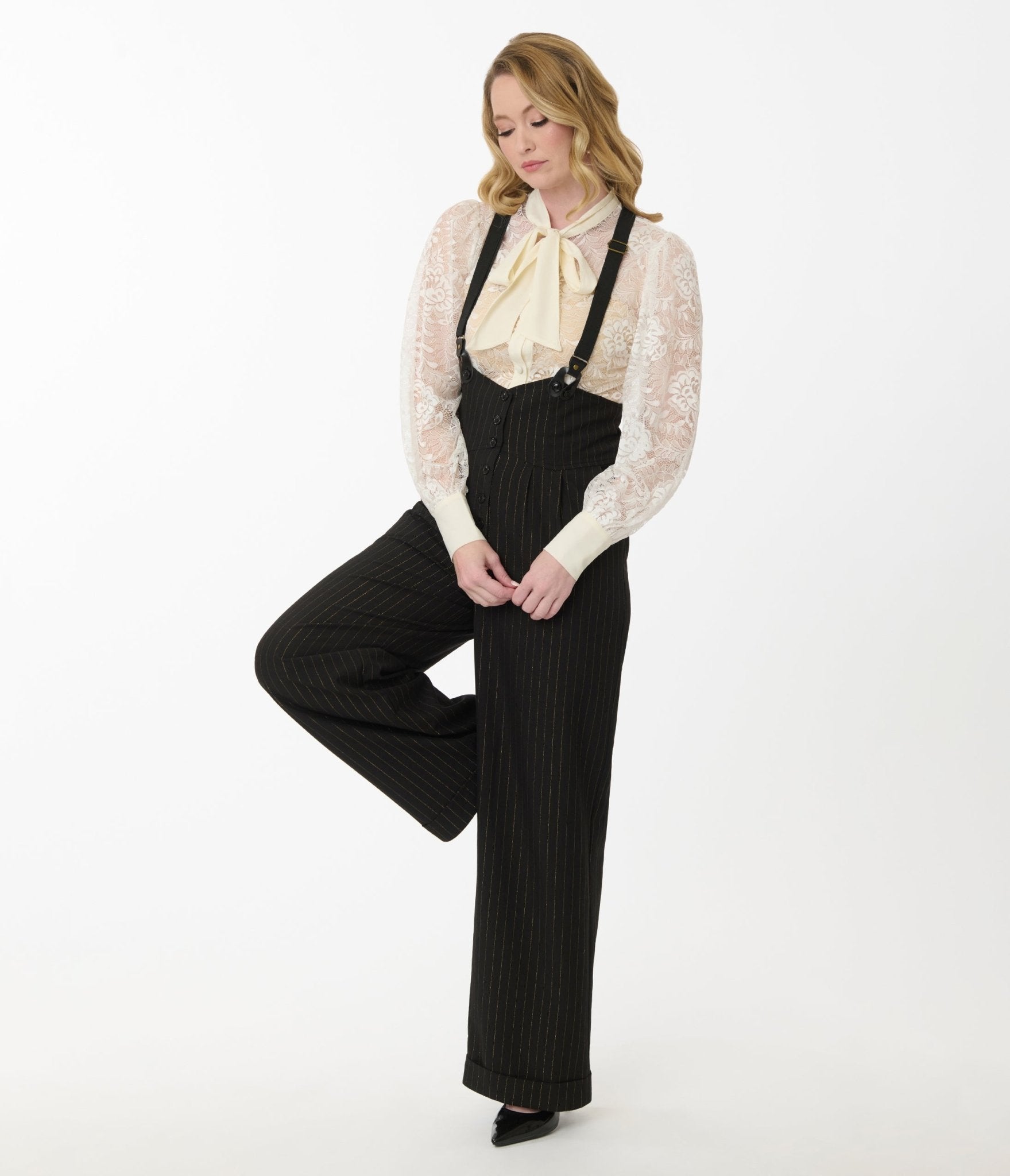 Unique Vintage Black & Gold Pinstripe Thelma Suspender Pants