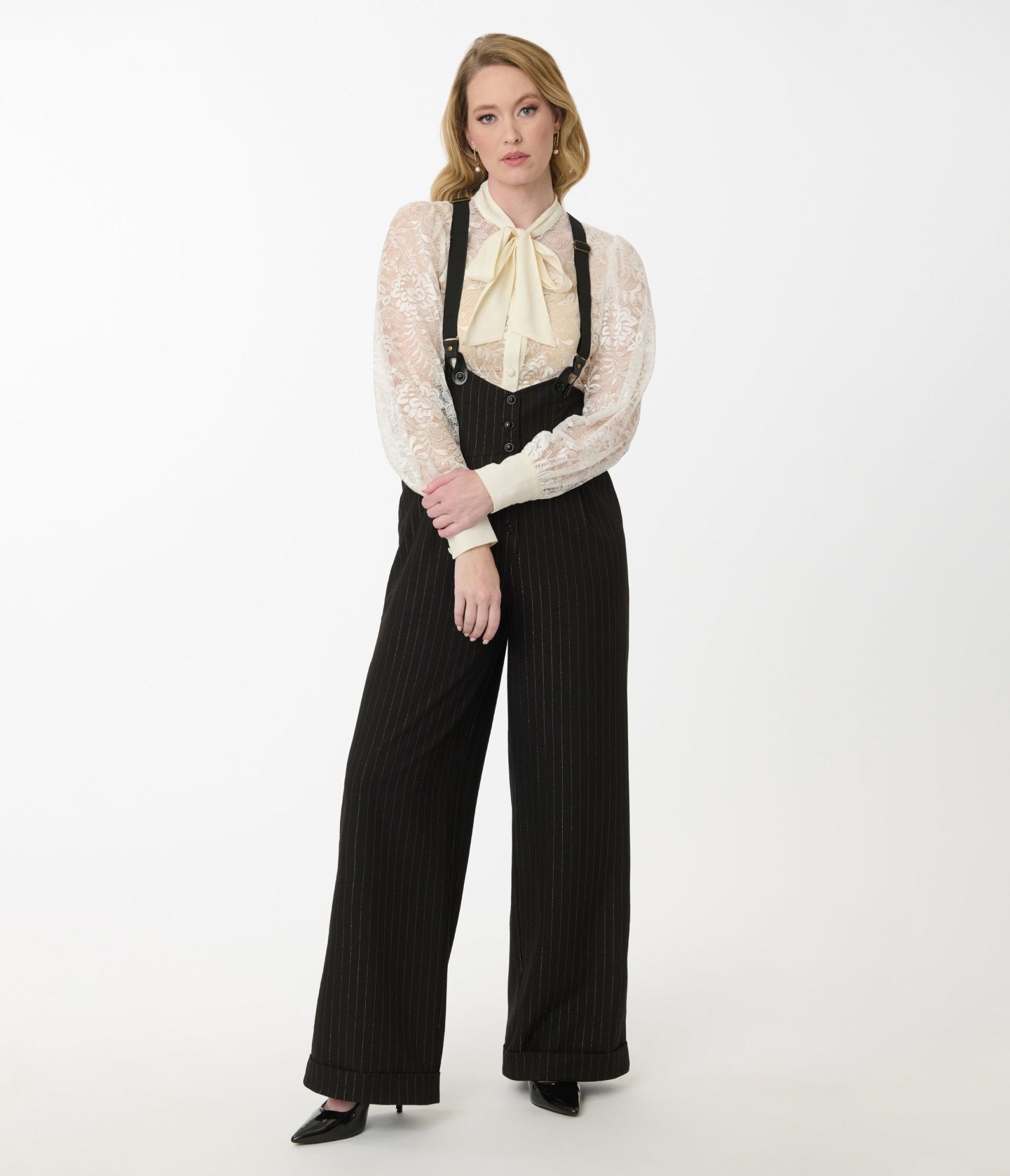 Unique Vintage Black & Gold Pinstripe Thelma Suspender Pants - Unique Vintage - Womens, BOTTOMS, PANTS