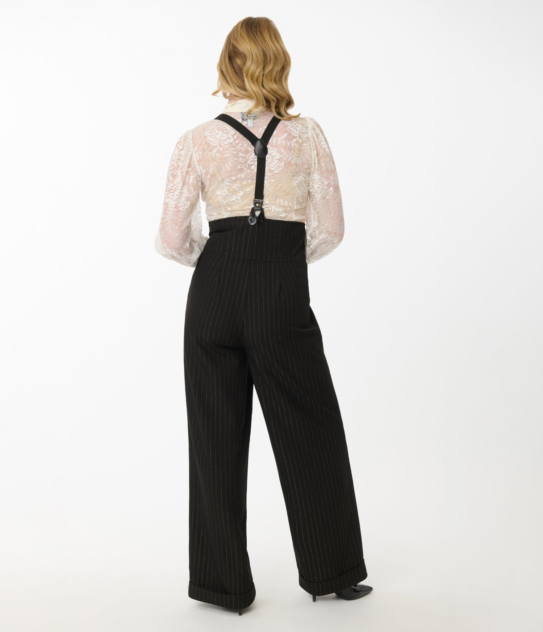 Unique Vintage Black & Gold Pinstripe Thelma Suspender Pants - Unique Vintage - Womens, BOTTOMS, PANTS