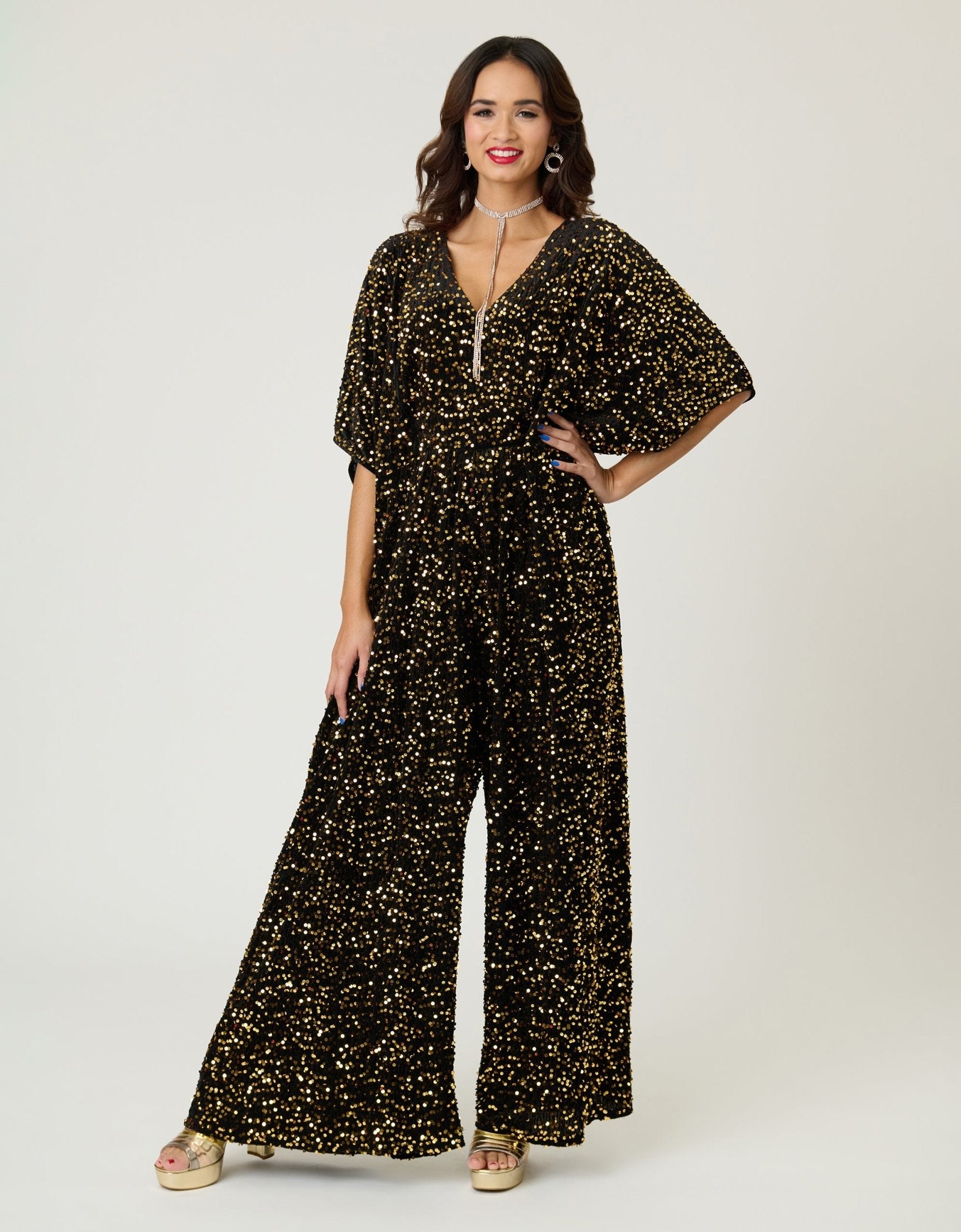 Unique Vintage Black & Gold Sequin Caftan Jumpsuit - Unique Vintage - Womens, BOTTOMS, ROMPERS AND JUMPSUITS