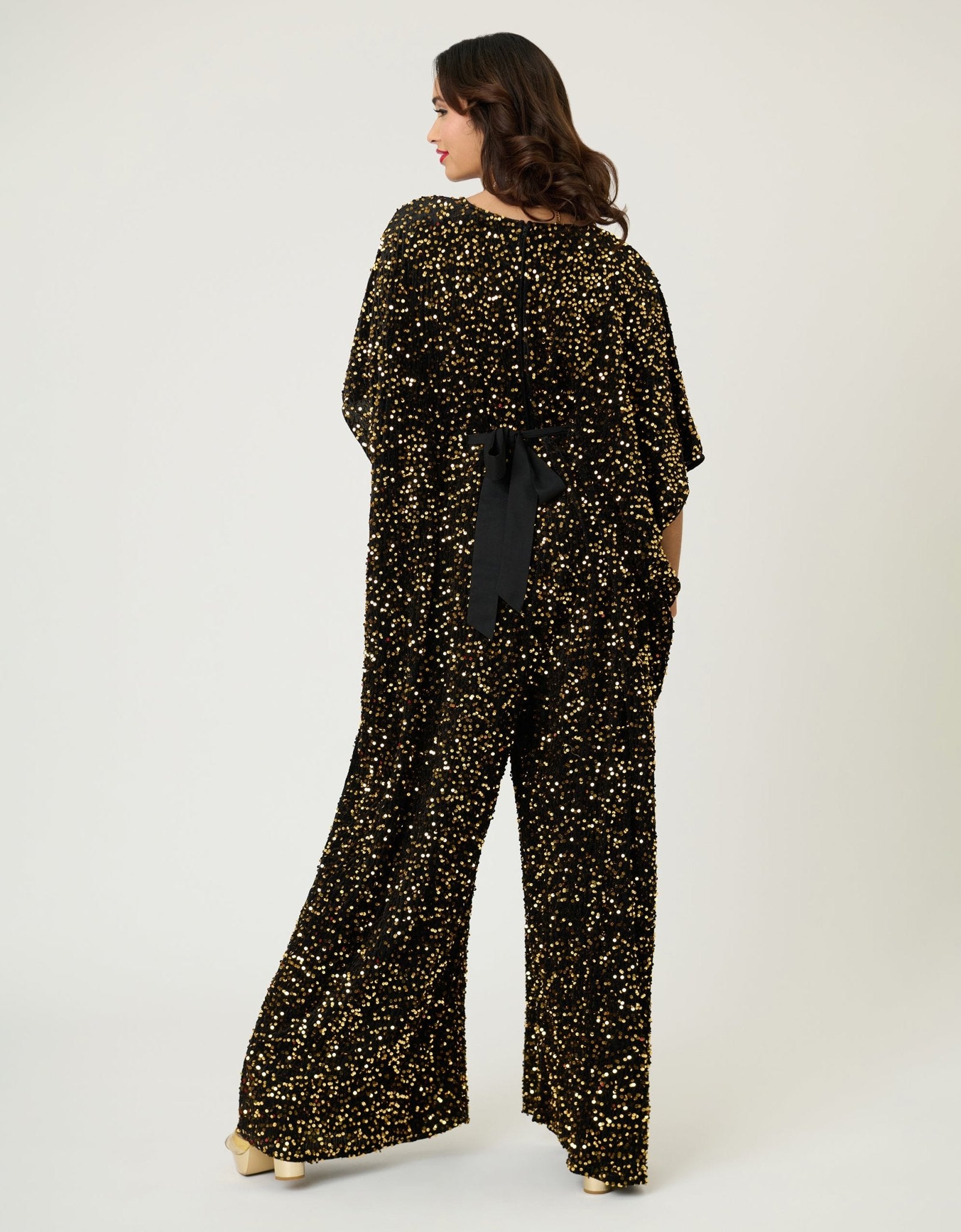 Unique Vintage Black & Gold Sequin Caftan Jumpsuit - Unique Vintage - Womens, BOTTOMS, ROMPERS AND JUMPSUITS
