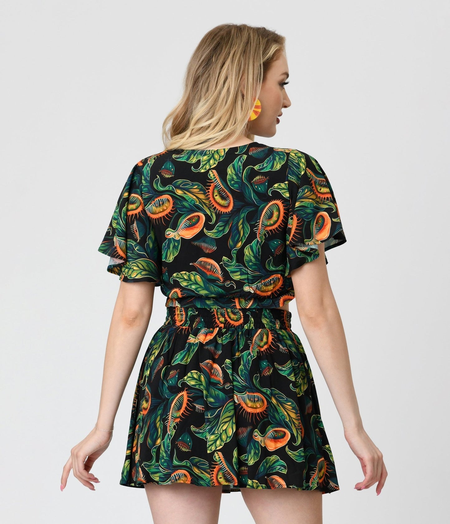 Unique Vintage Black & Green Venus Flytrap Print Dottie Crop Top - Unique Vintage - Womens, TOPS, WOVEN TOPS