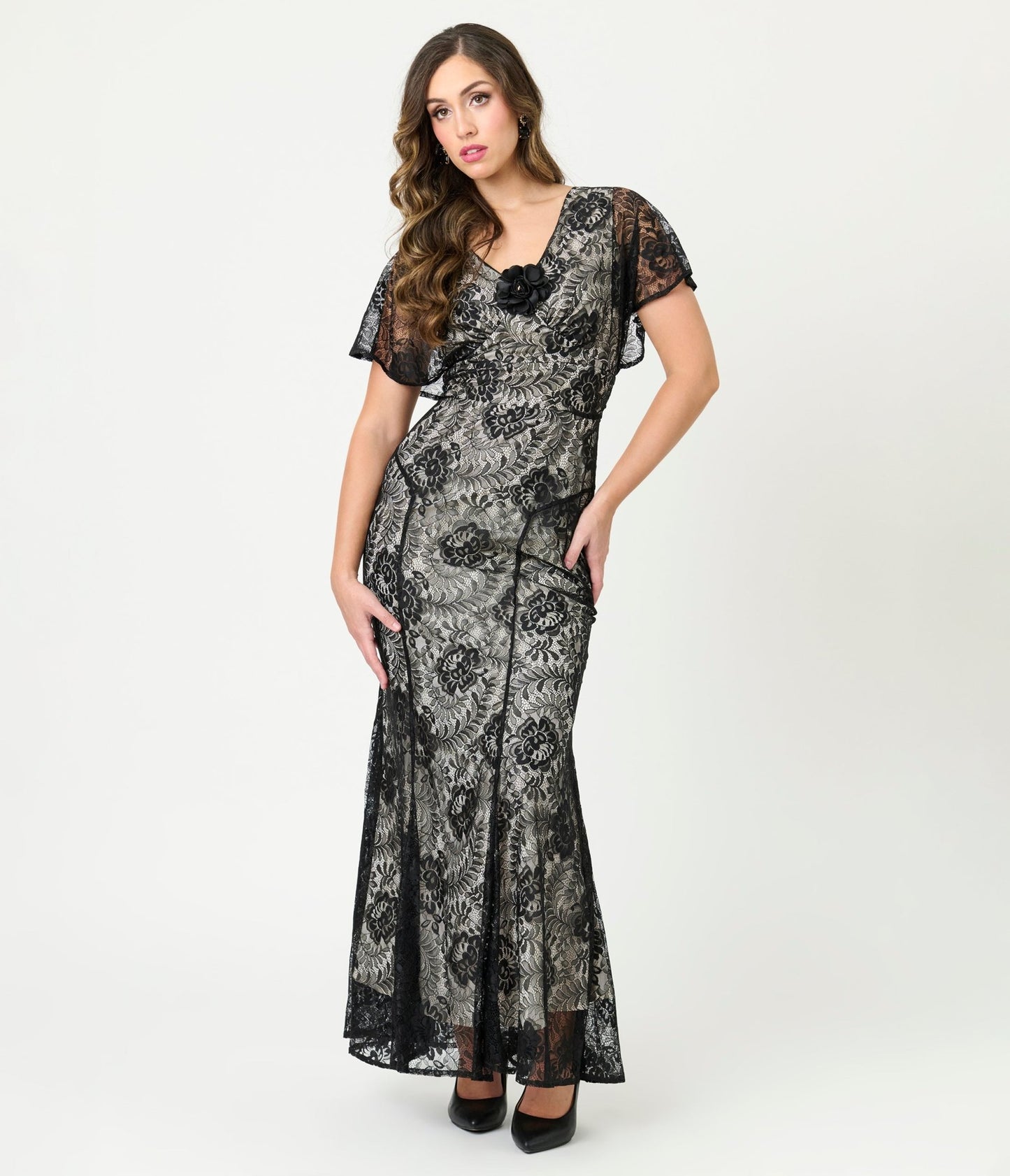 Unique Vintage Black Lace & Nude Lining Flutter Sleeve Gown - Unique Vintage - Womens, FLAPPER, SLEEVED NON BEADED