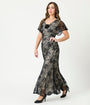 Unique Vintage Black Lace & Nude Lining Flutter Sleeve Gown