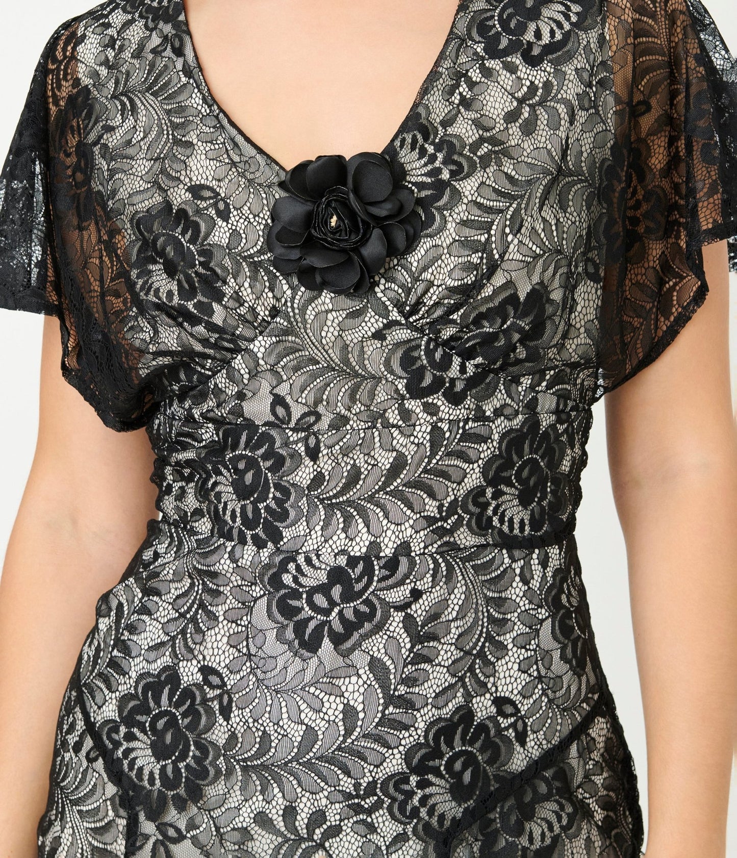 Unique Vintage Black Lace & Nude Lining Flutter Sleeve Gown - Unique Vintage - Womens, FLAPPER, SLEEVED NON BEADED