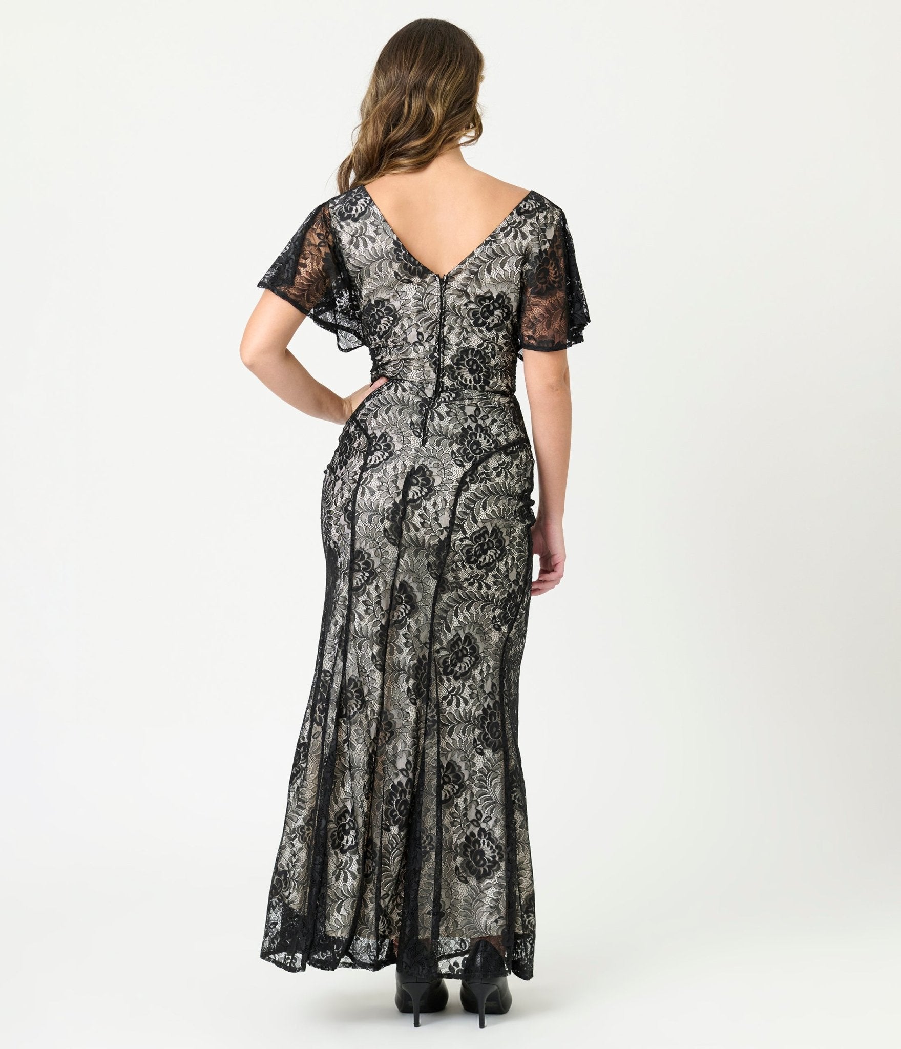 Unique Vintage Black Lace & Nude Lining Flutter Sleeve Gown - Unique Vintage - Womens, FLAPPER, SLEEVED NON BEADED