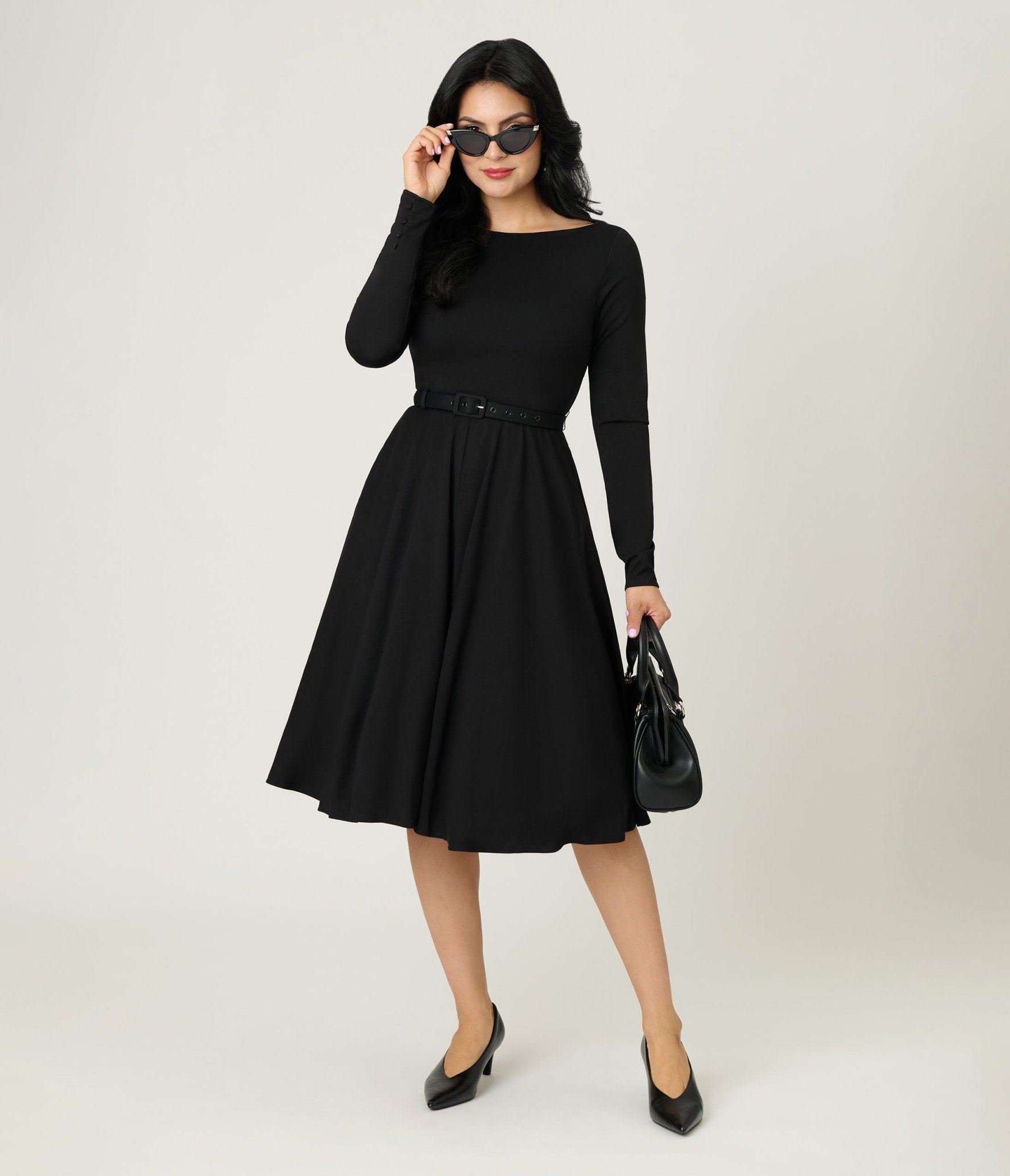 Unique Vintage Black Long Sleeve Devon Swing Dress M/8-10