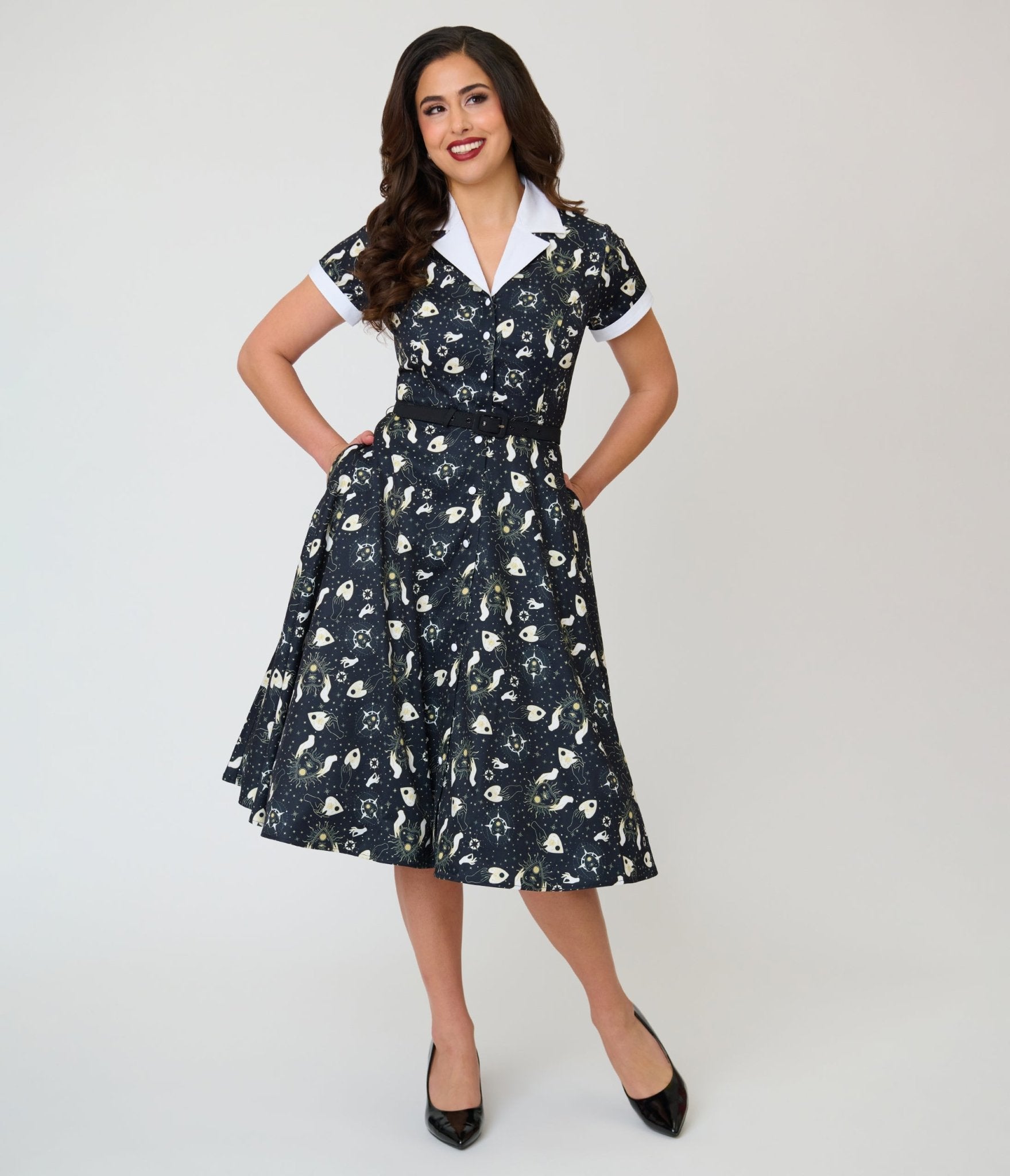 Unique Vintage Black Ouija Print Alexis Swing Dress