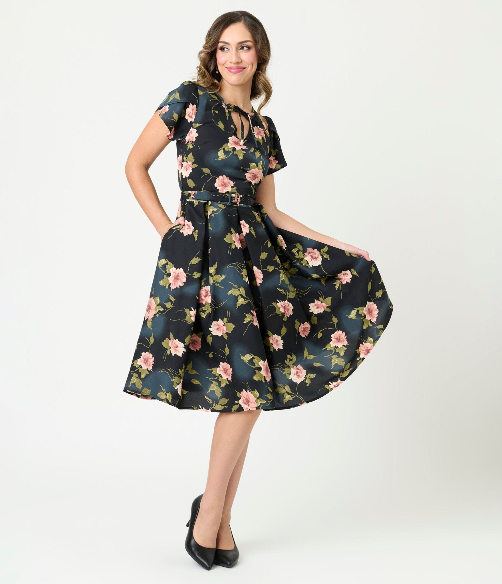 Unique Vintage Black & Pink Floral Dahlia Swing Dress Unique Vintage Black & Pink Floral Dahlia Swing Dress