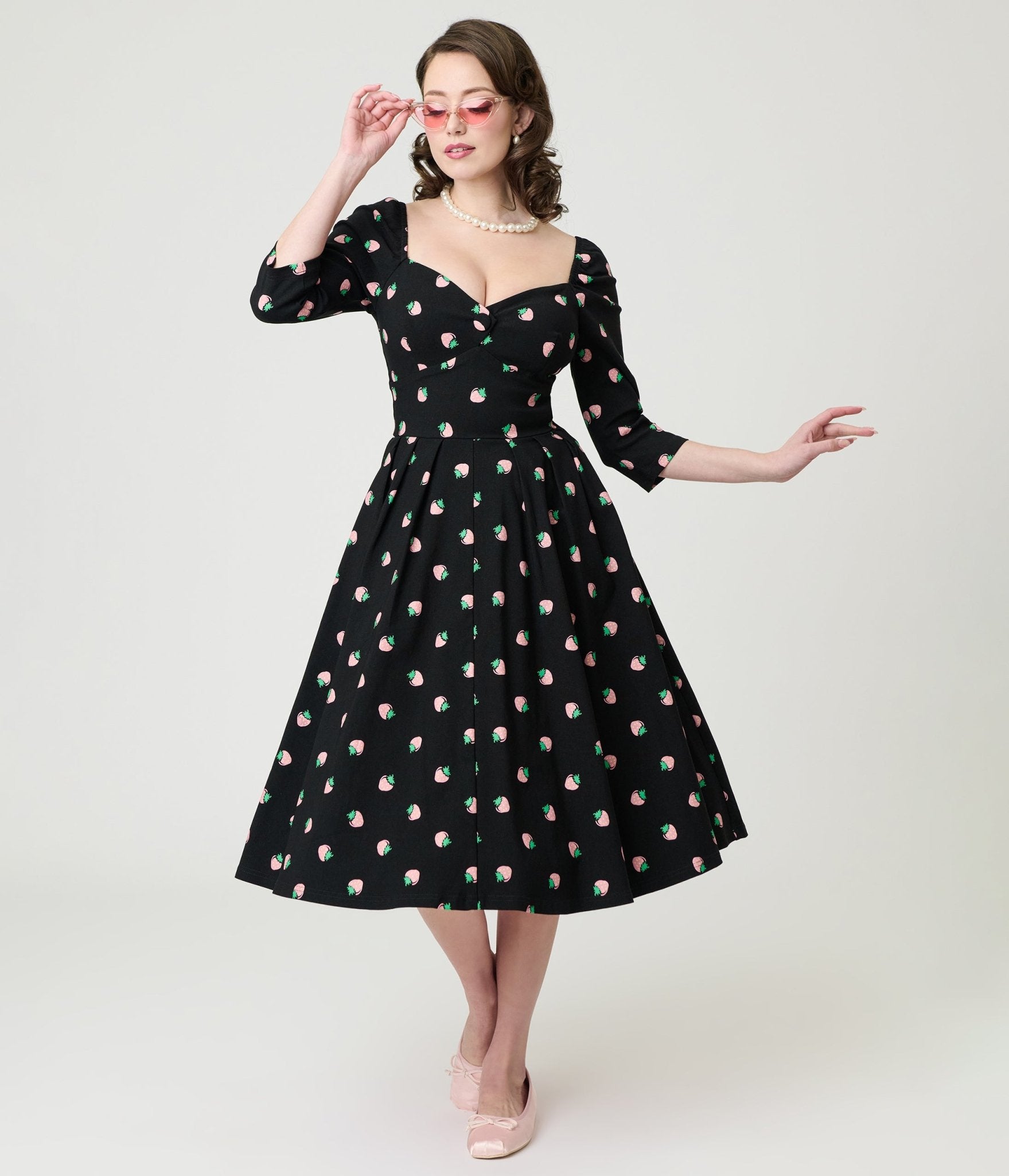 Unique Vintage Black & Pink Strawberry Lamar Swing Dress