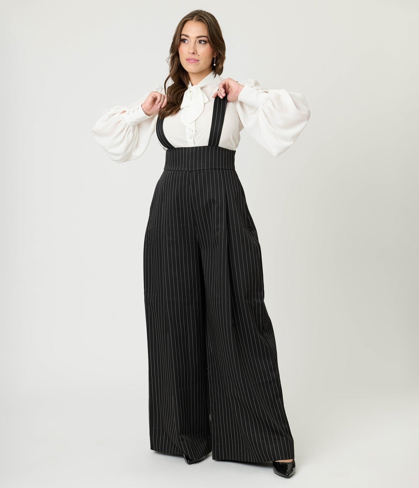Unique Vintage Black Pinstripe Rochelle Suspender Pants - Unique Vintage - Womens, BOTTOMS, PANTS