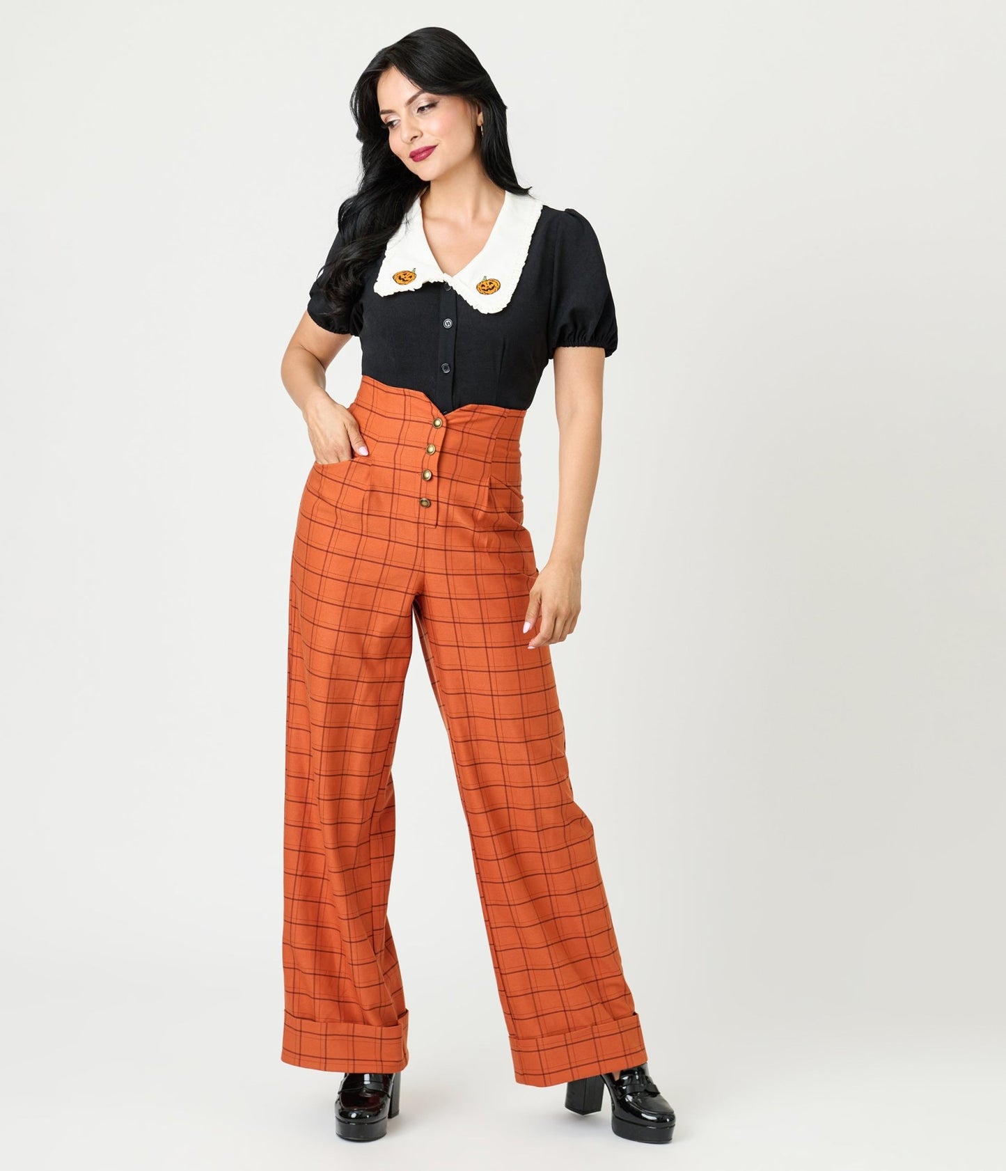 Unique Vintage Black Pumpkin Embroidered Oversized Collar Blouse - Unique Vintage - Womens, TOPS, WOVEN TOPS