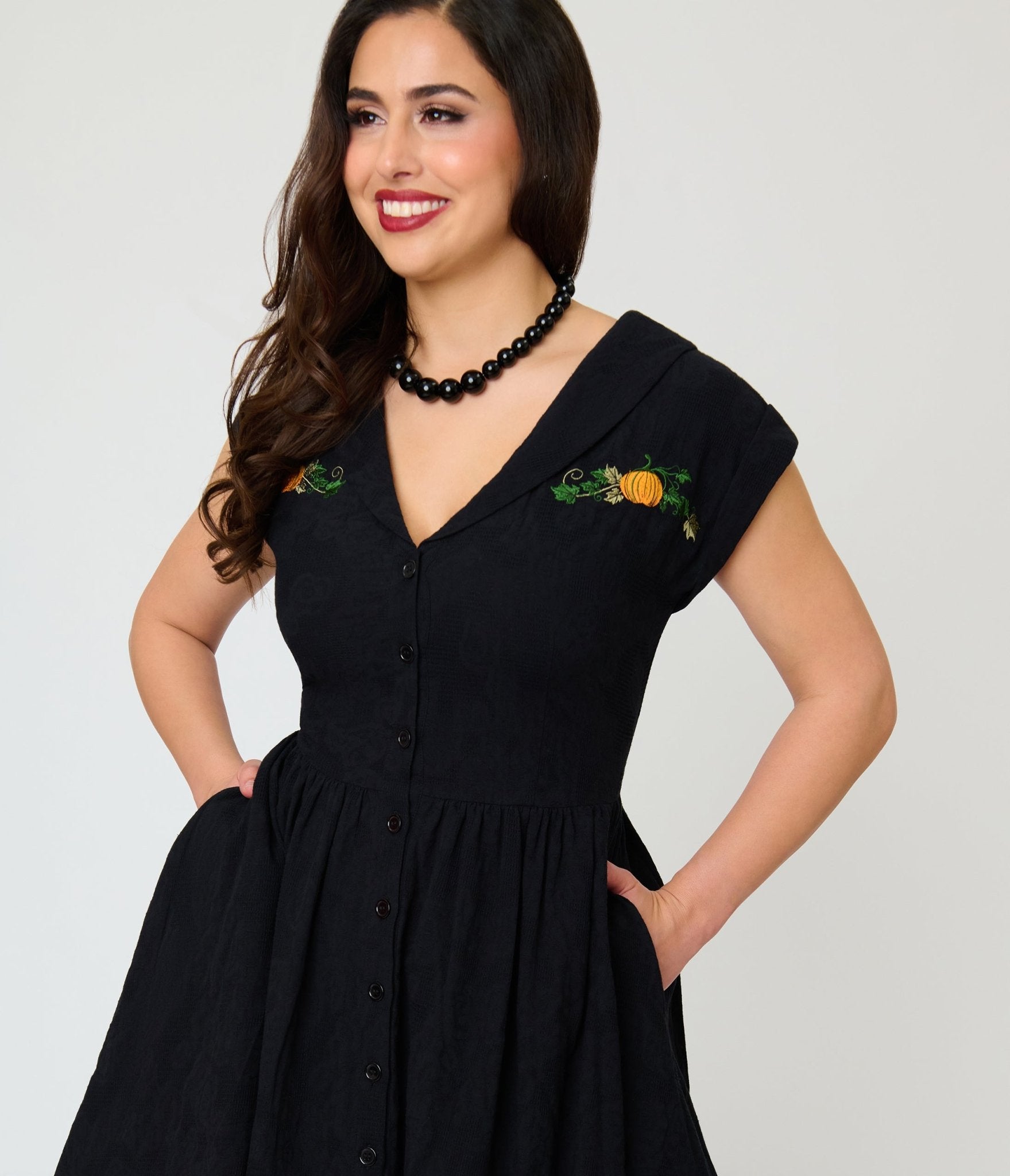 Unique Vintage Black & Pumpkin Embroidery Cotton Marcia Swing Dress