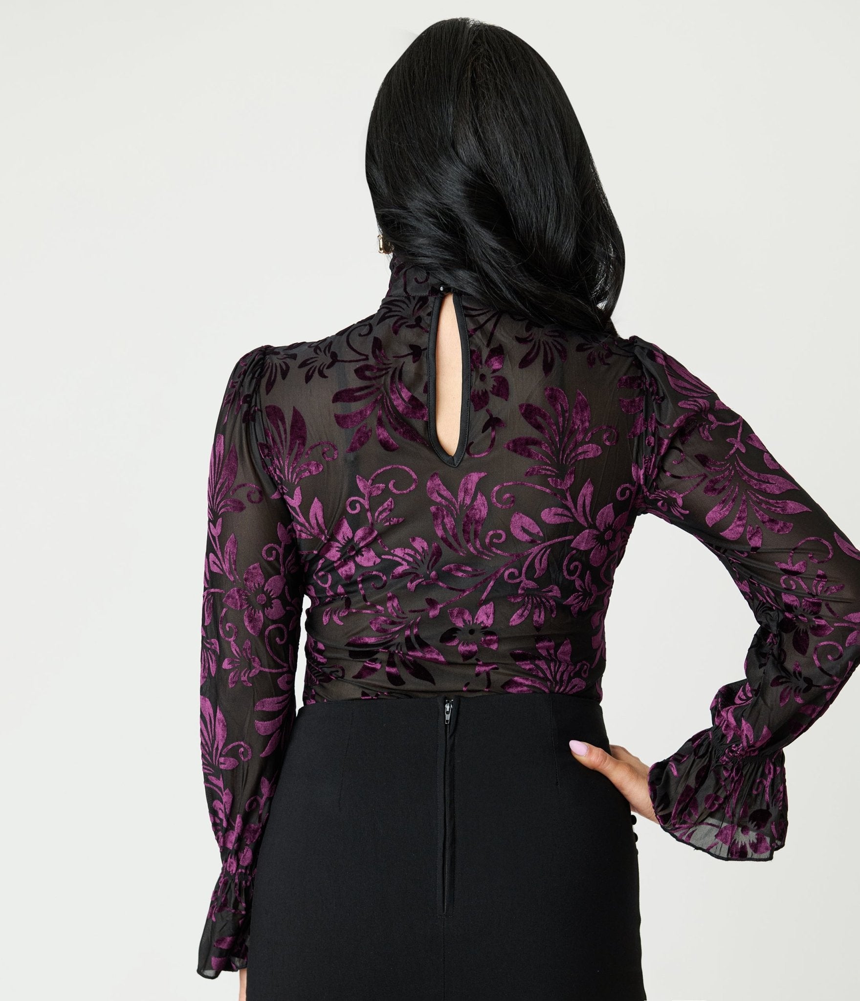 Unique Vintage Black & Purple Floral Velvet Burnout Donna Blouse - Unique Vintage - Womens, TOPS, KNIT TOPS