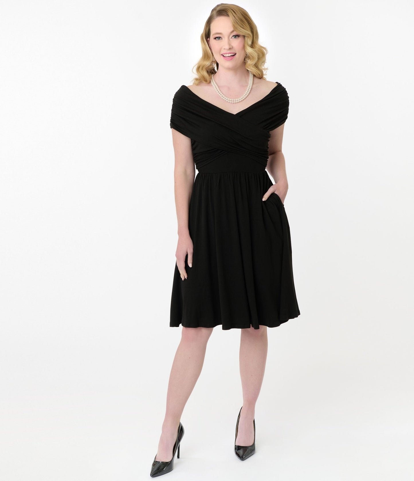 Unique Vintage Black Shirred Swing Dress - Unique Vintage - Womens, DRESSES, SWING