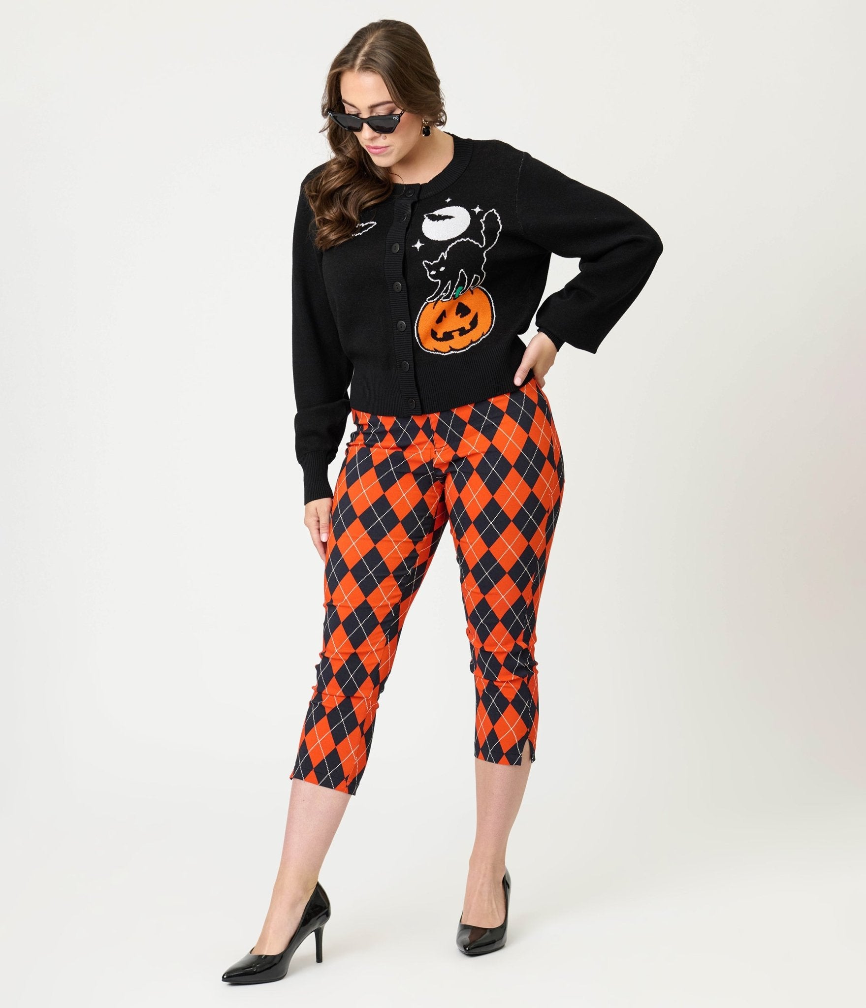 Unique Vintage Black Spooky Cat Cropped Cardigan - Unique Vintage - Womens, TOPS, SWEATERS