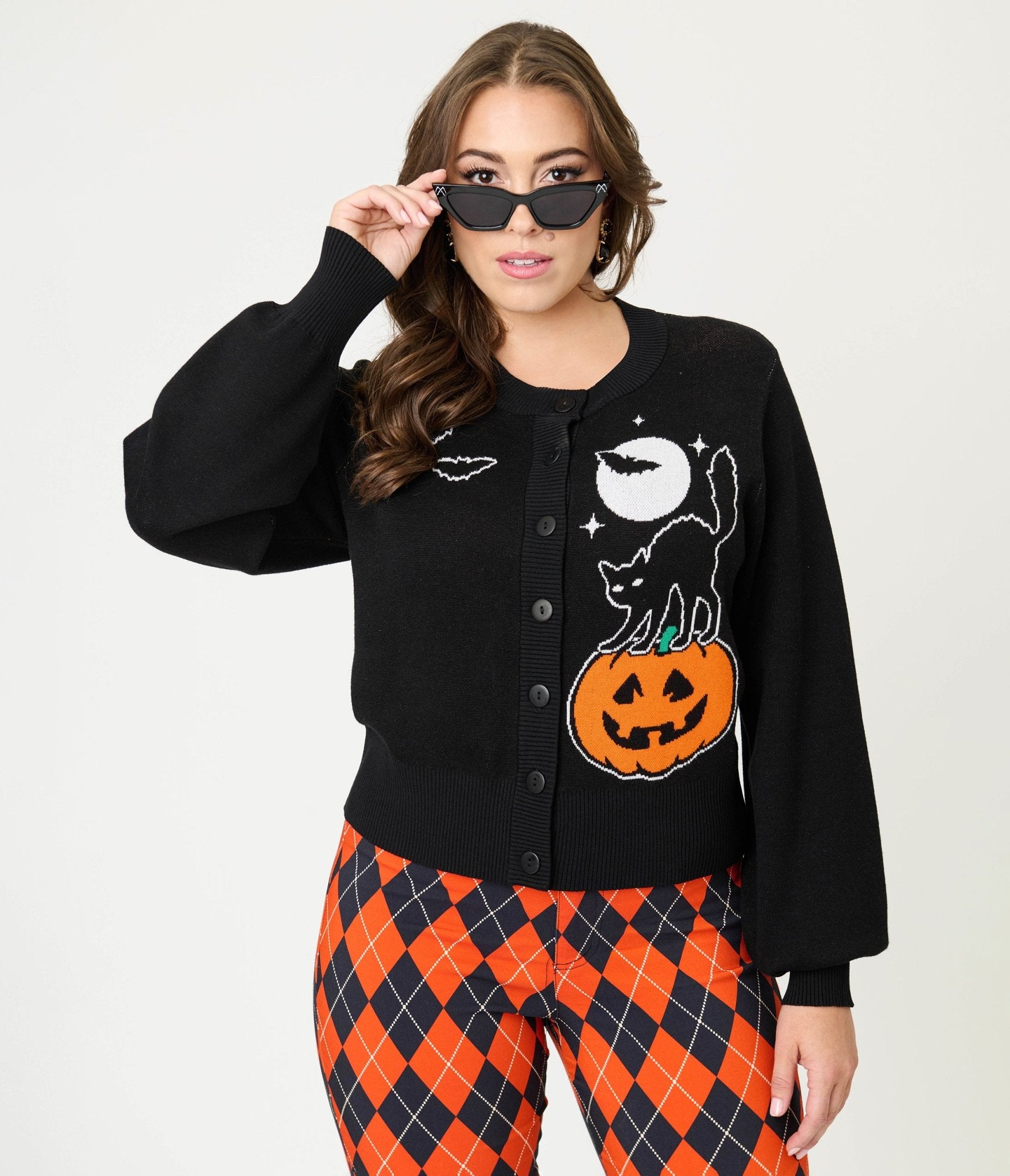 Unique Vintage Black Spooky Cat Cropped Cardigan
