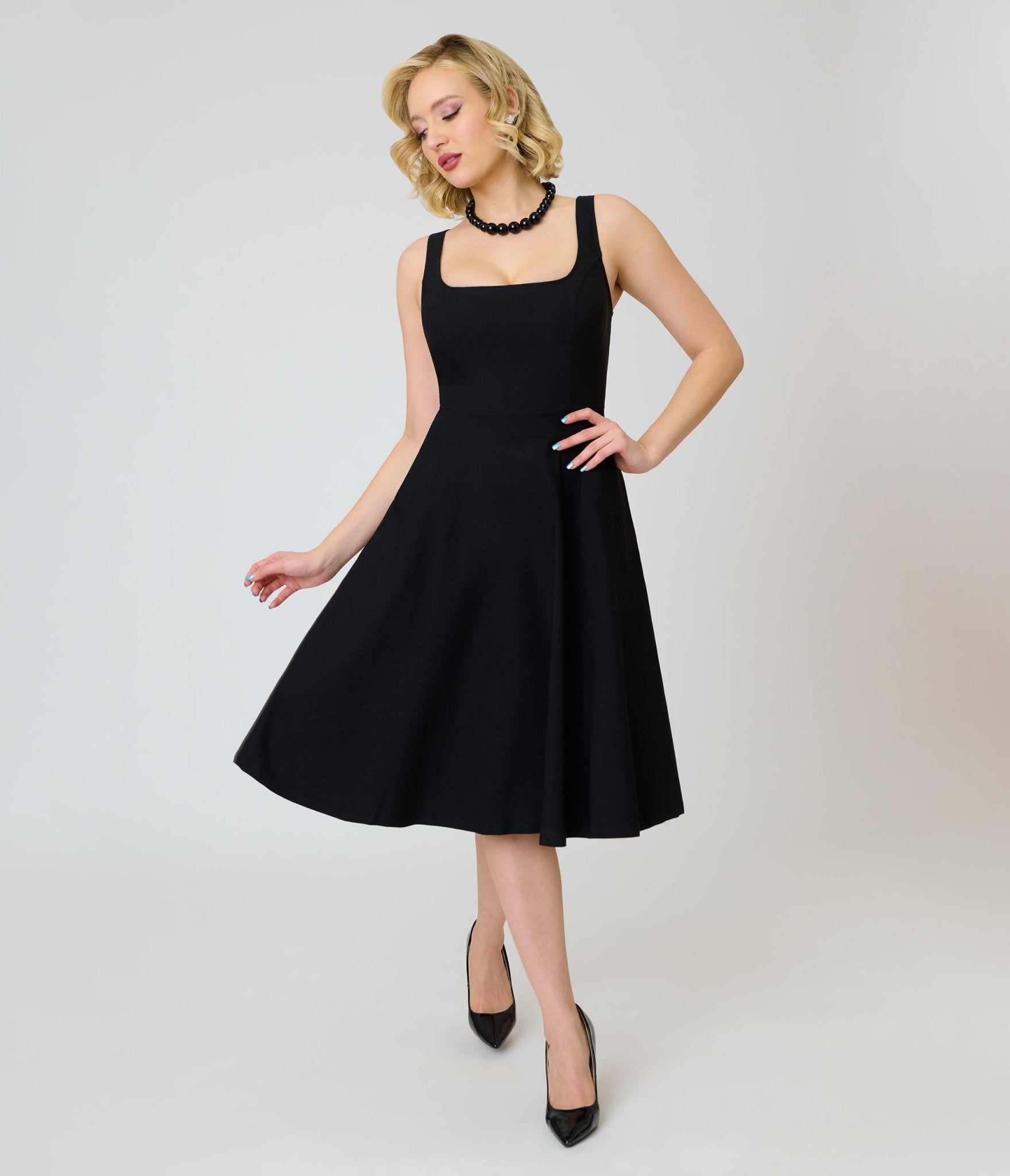 Unique Vintage Black Square Neck Pleated Swing Dress