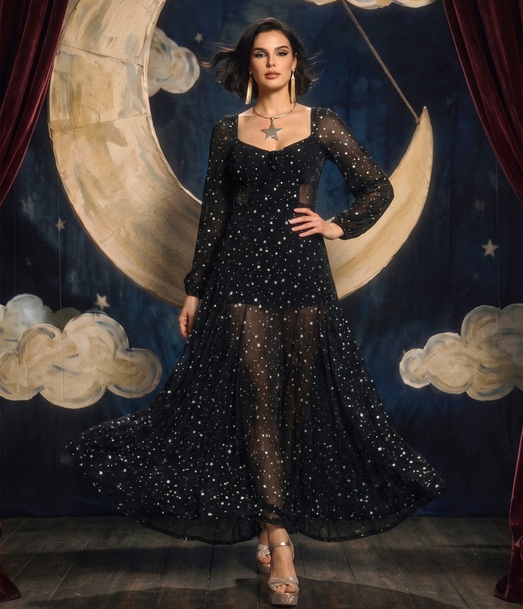 Unique Vintage Black & Star Print Long Sleeve Tara Maxi Dress