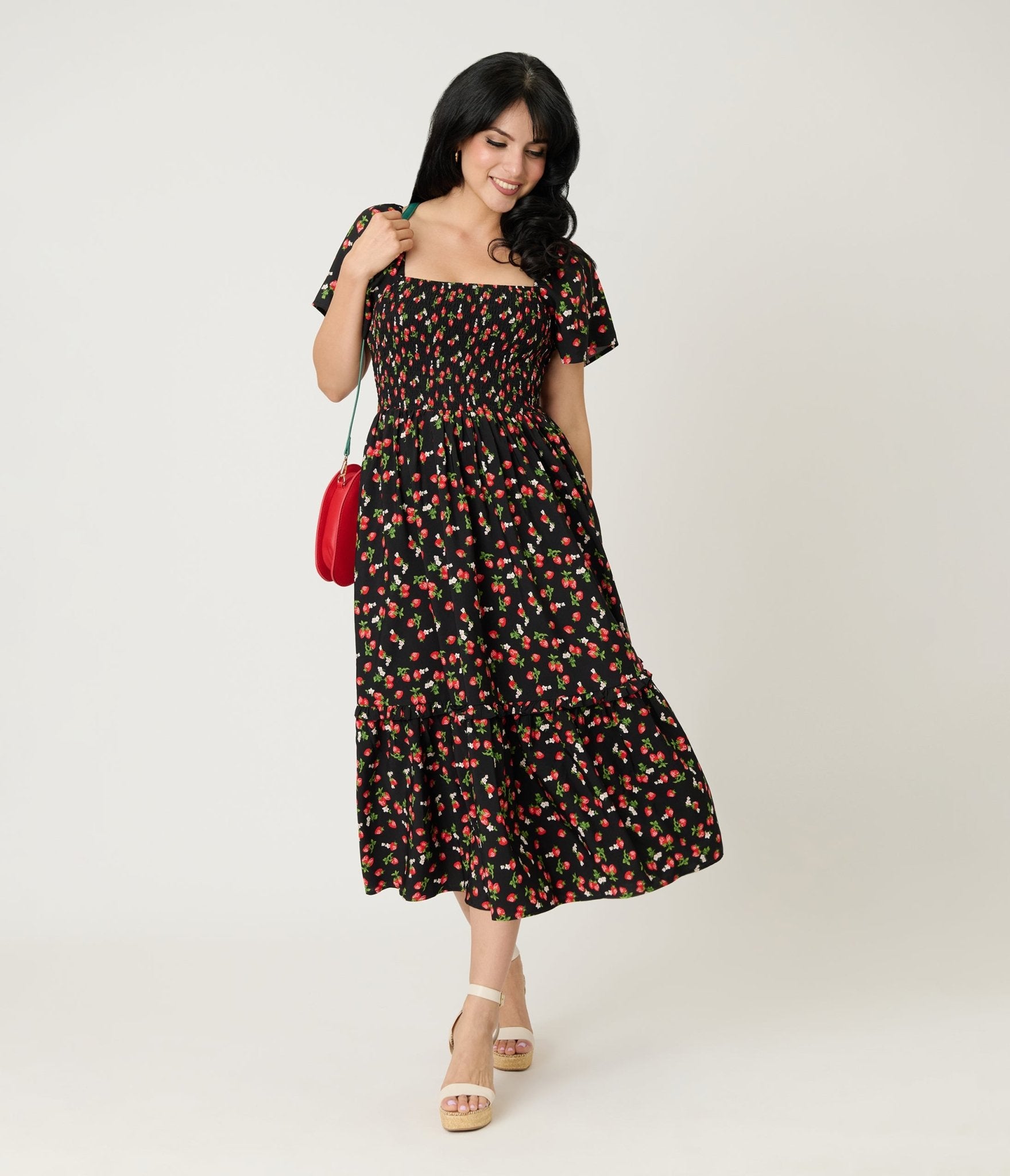 Unique Vintage Black & Strawberry Print Smocked Bodice Midi Dress