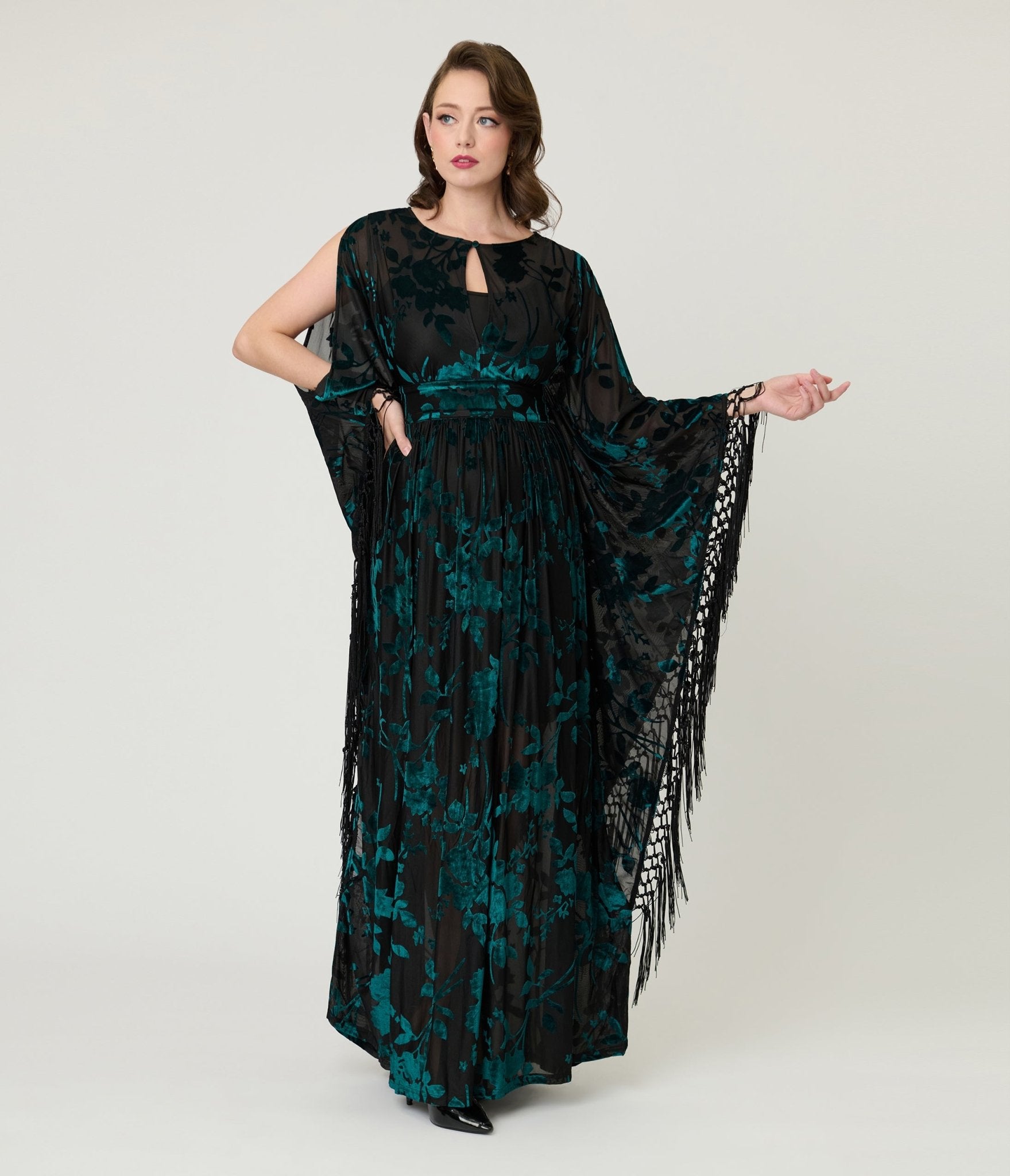 Unique Vintage Black & Teal Floral Velvet Burnout Flutter Sleeve Cafta