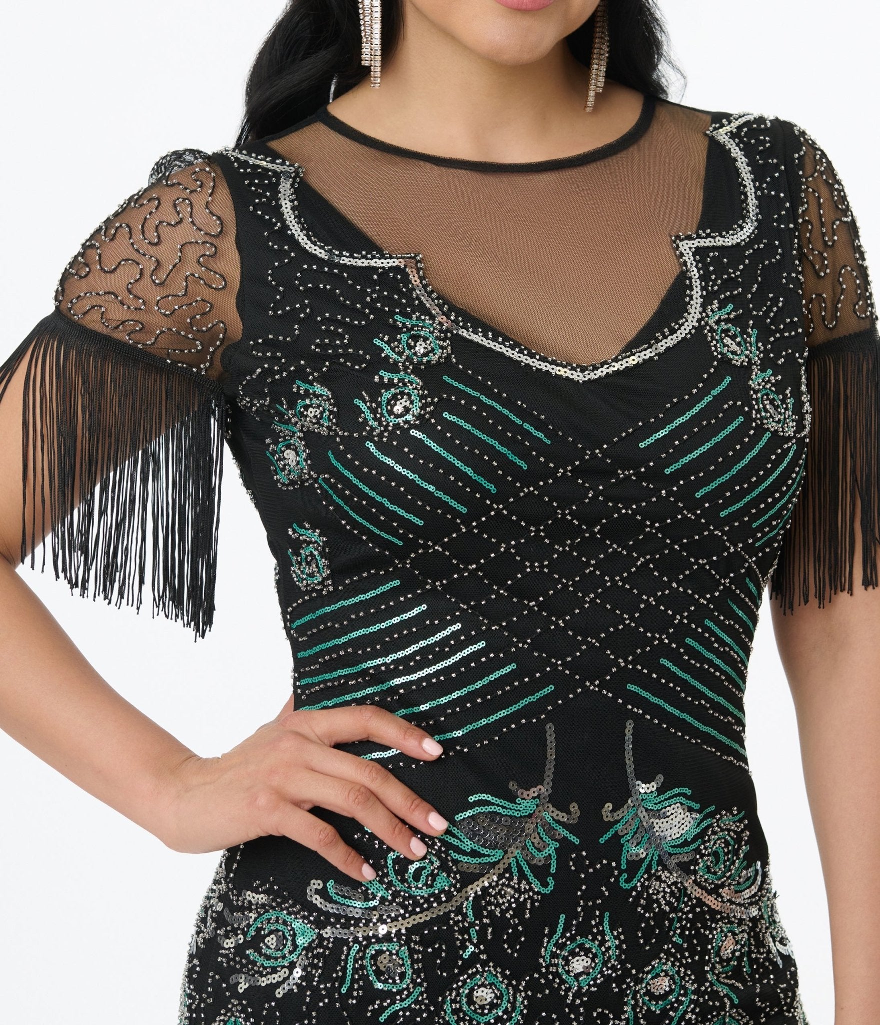 Unique Vintage Black & Teal Peacock Beaded Nadine Fringe Flapper Dress - Unique Vintage - Womens, FLAPPER, SLEEVED BEADED