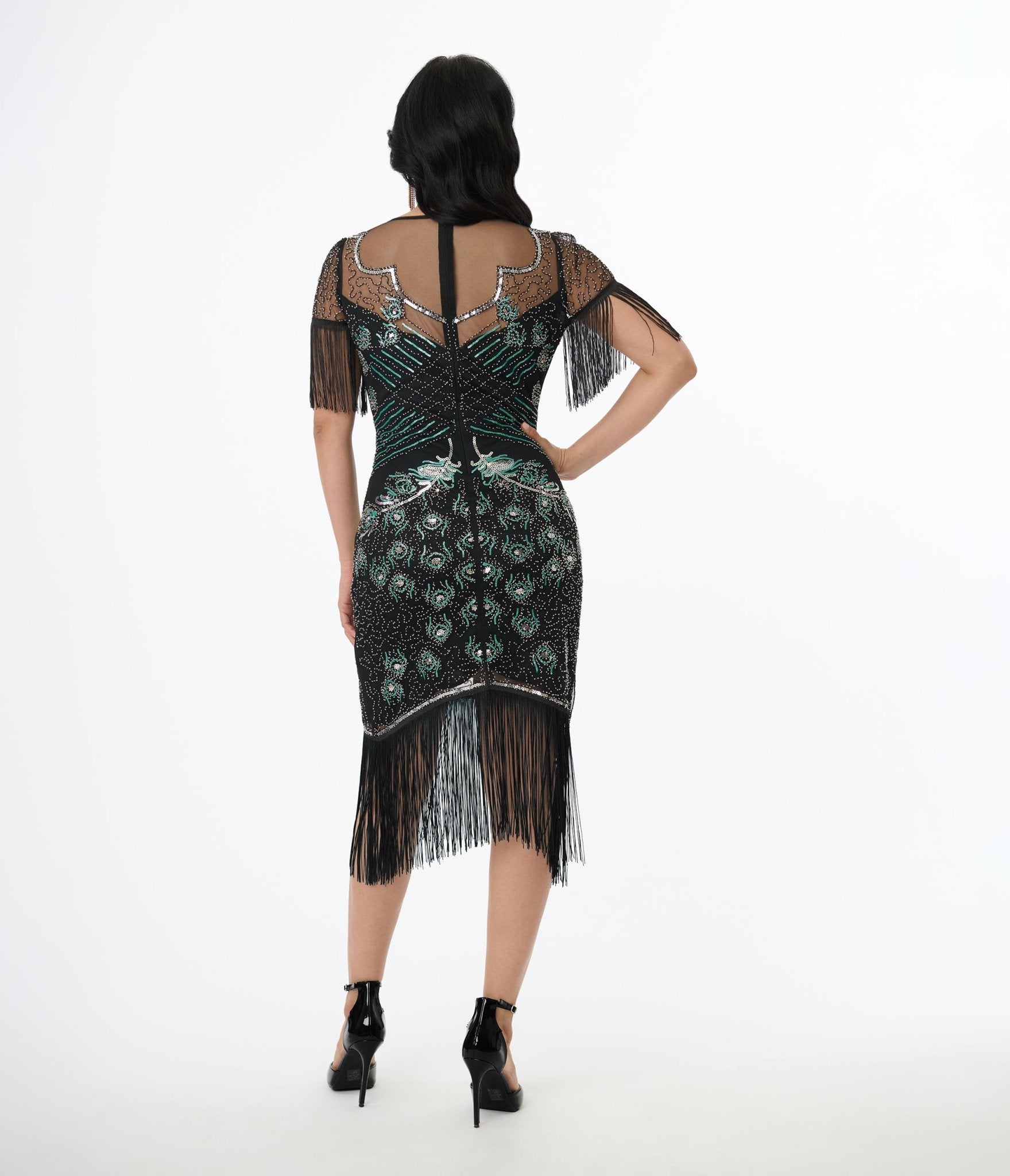 Unique Vintage Black & Teal Peacock Beaded Nadine Fringe Flapper Dress - Unique Vintage - Womens, FLAPPER, SLEEVED BEADED