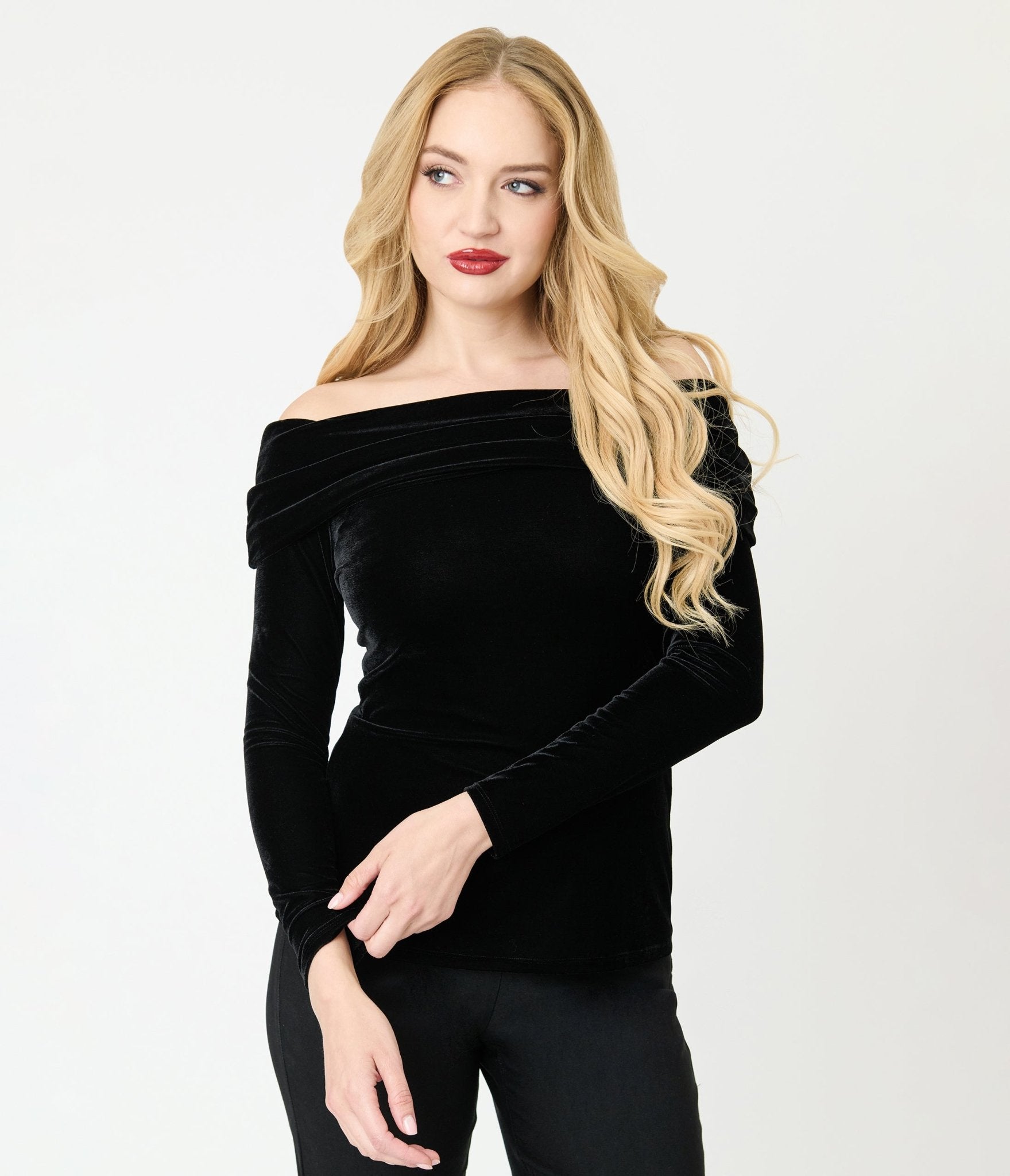 Unique Vintage Black Velvet Folded Shoulder Knit Top - Unique Vintage - Womens, TOPS, KNIT TOPS