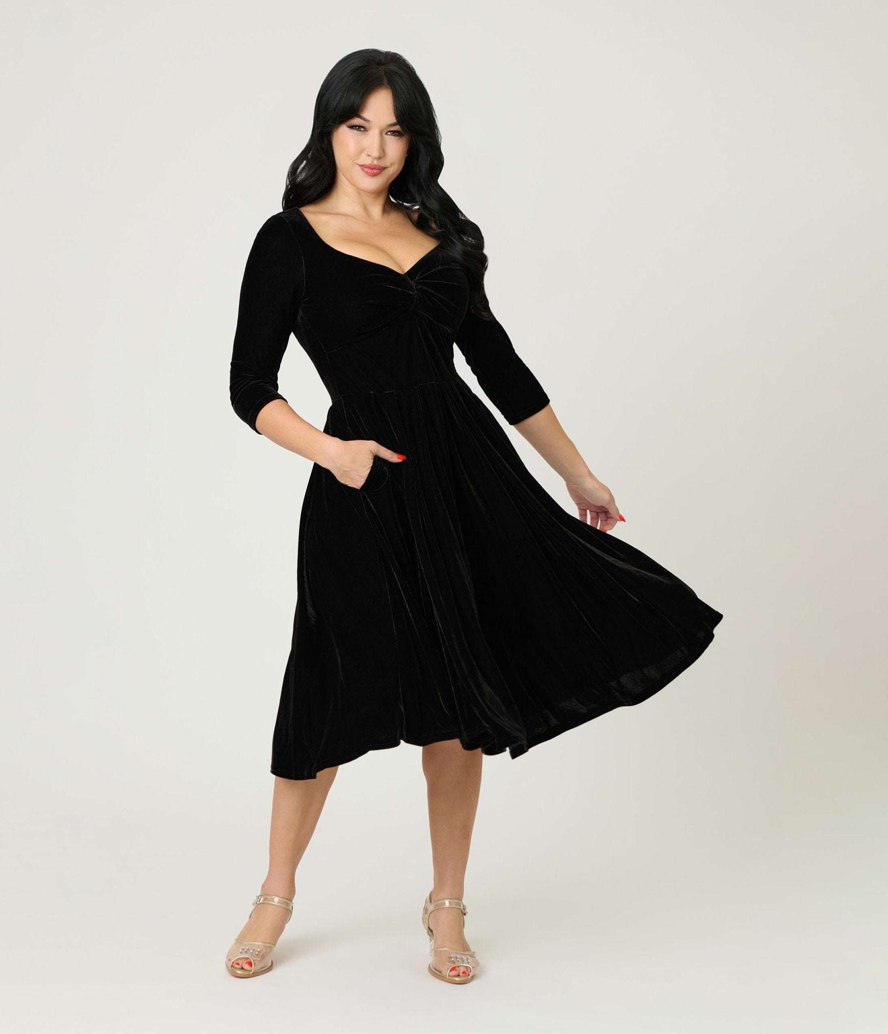 Unique Vintage Black Velvet Front Twist Swing Dress Unique Vintage Black Velvet Front Twist Swing Dress