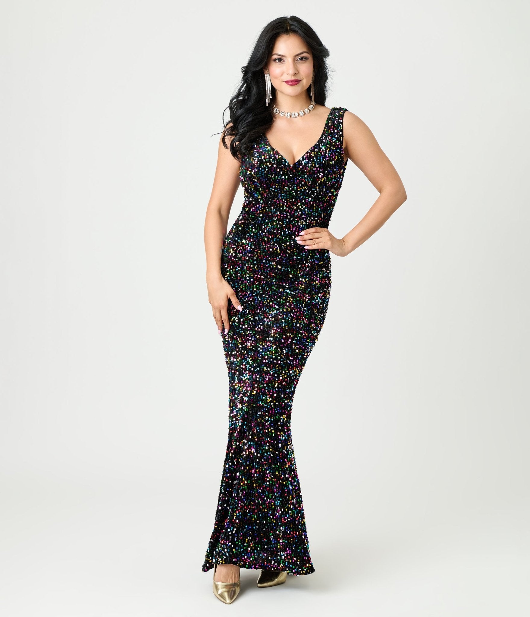 Unique Vintage Black Velvet & Rainbow Sequin Goldwyn Gown Unique Vintage Black Velvet & Rainbow Sequin Goldwyn Gown