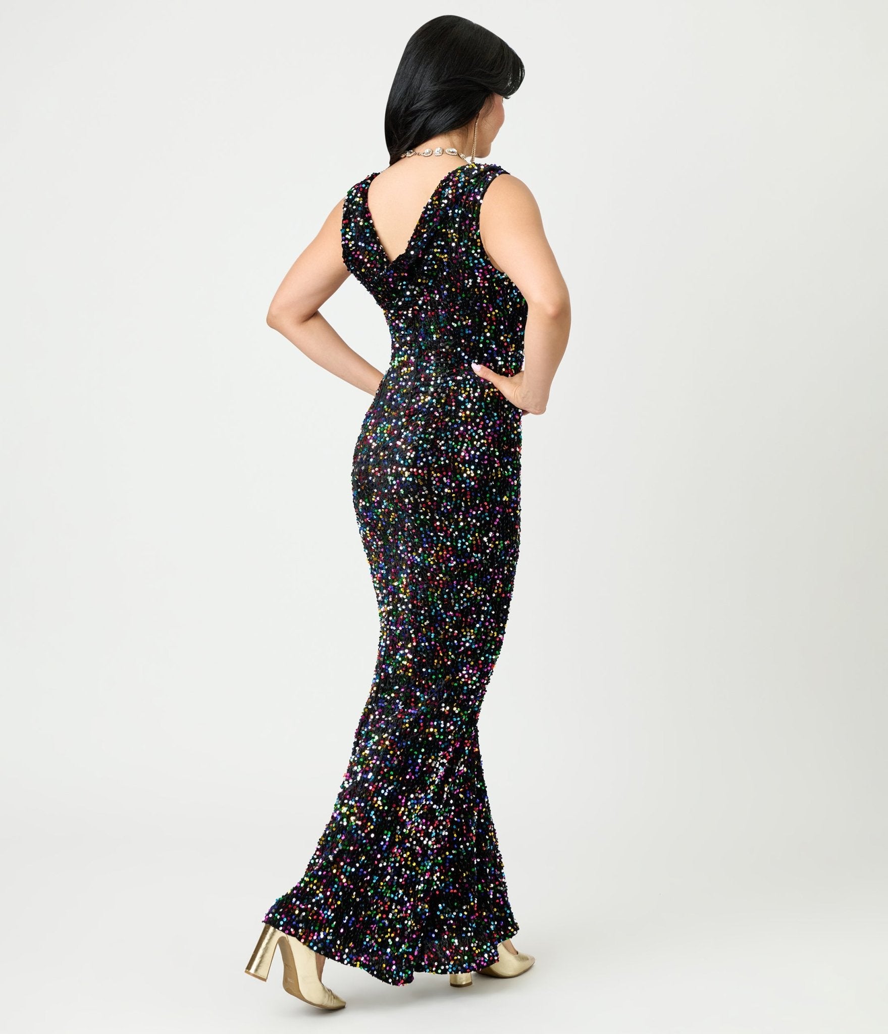 Unique Vintage Black Velvet & Rainbow Sequin Goldwyn Gown - Unique Vintage - Womens, DRESSES, MAXI