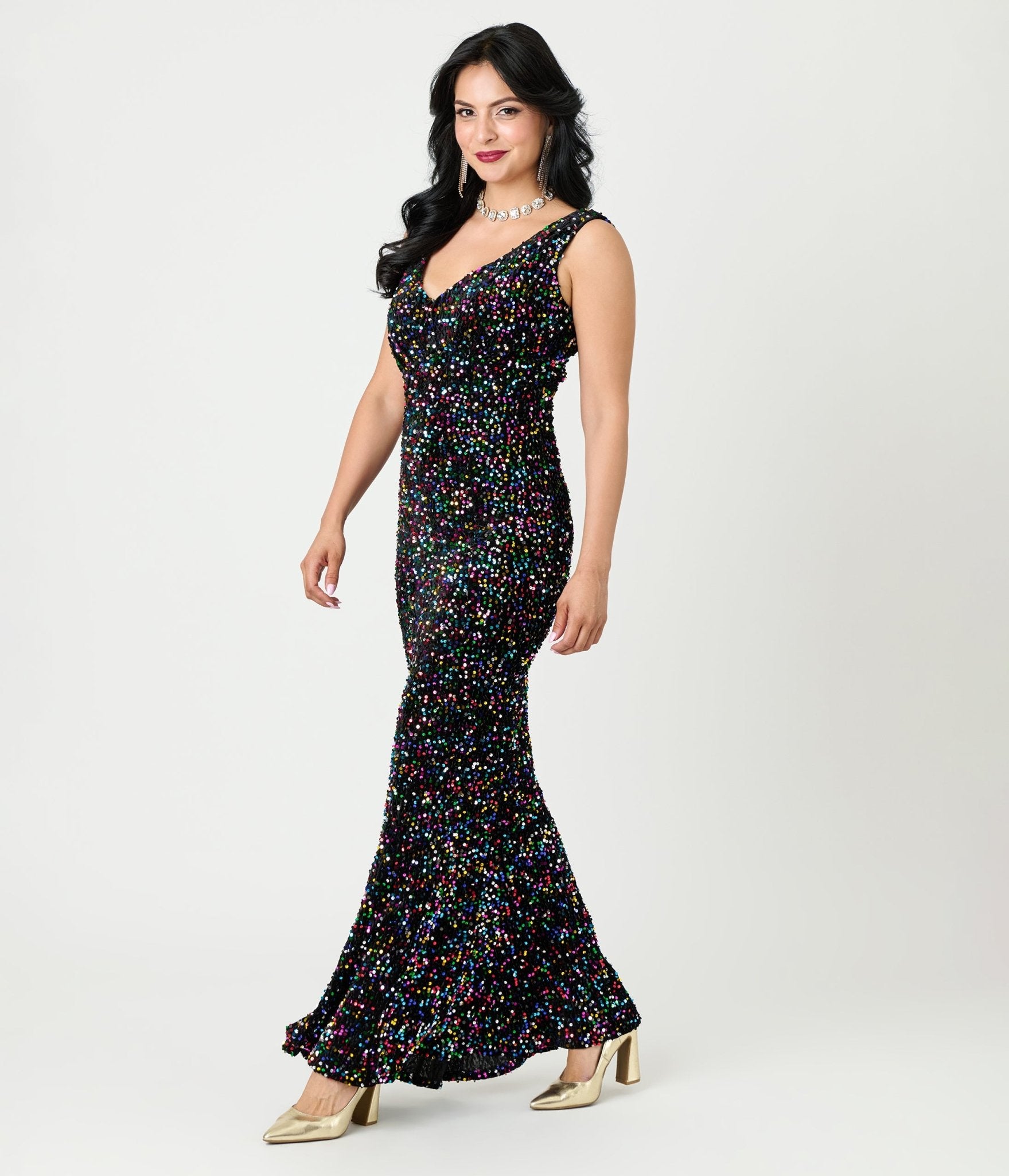 Unique Vintage Black Velvet & Rainbow Sequin Goldwyn Gown - Unique Vintage - Womens, DRESSES, MAXI