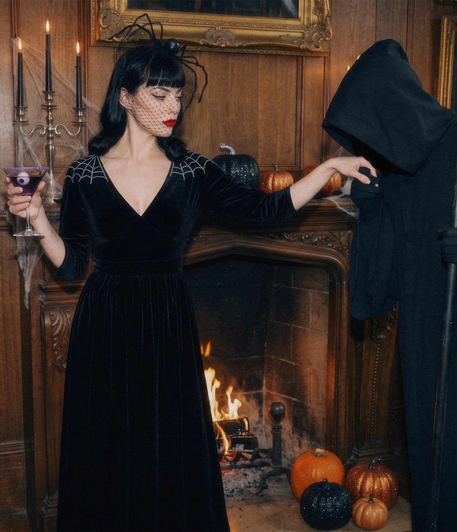 Unique Vintage Black Velvet & Rhinestone Batwing Norma Maxi Dress