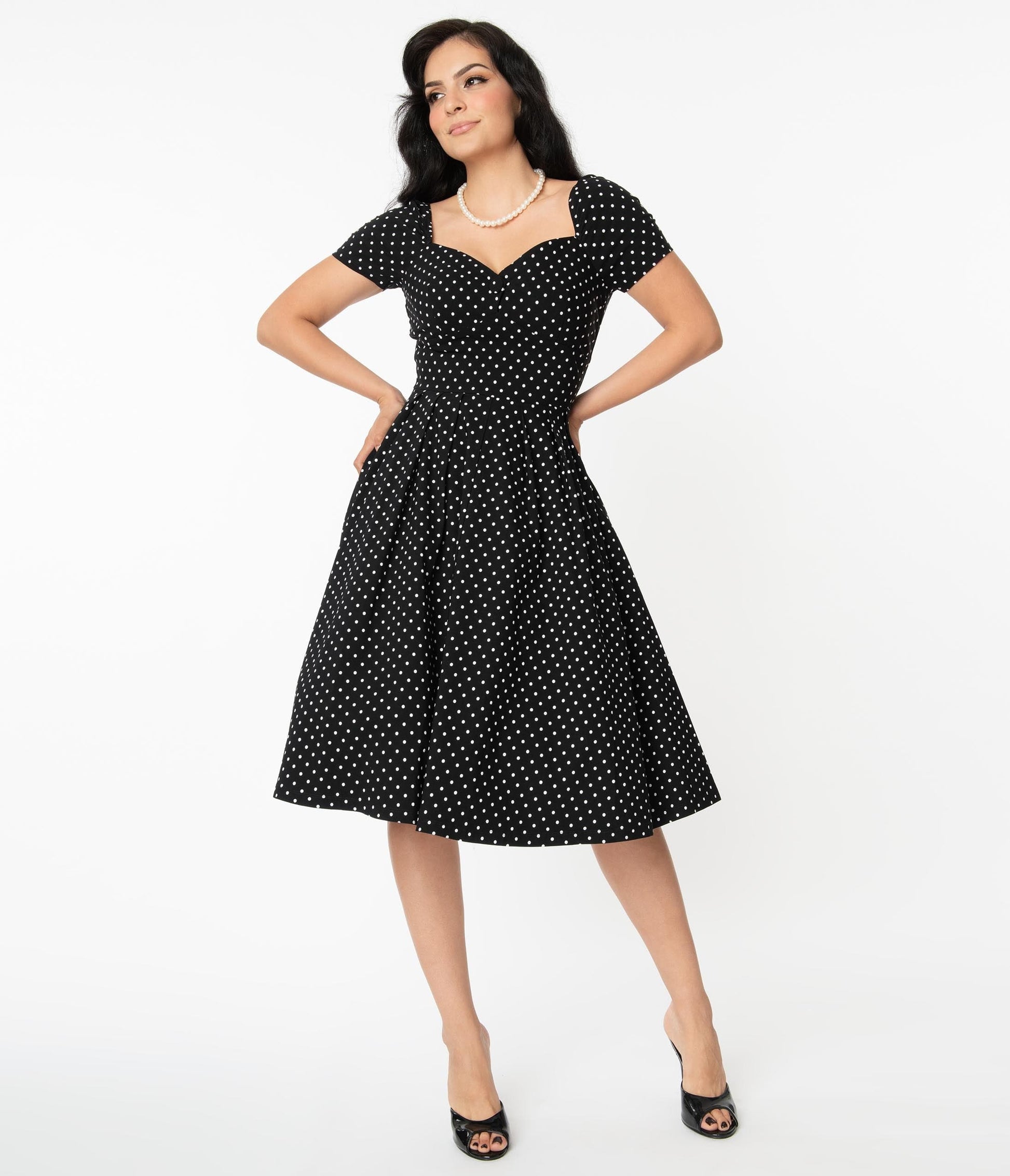 Unique Vintage Black & White Dot Sweetheart Midge Swing Dress - Unique Vintage - Womens, DRESSES, SWING