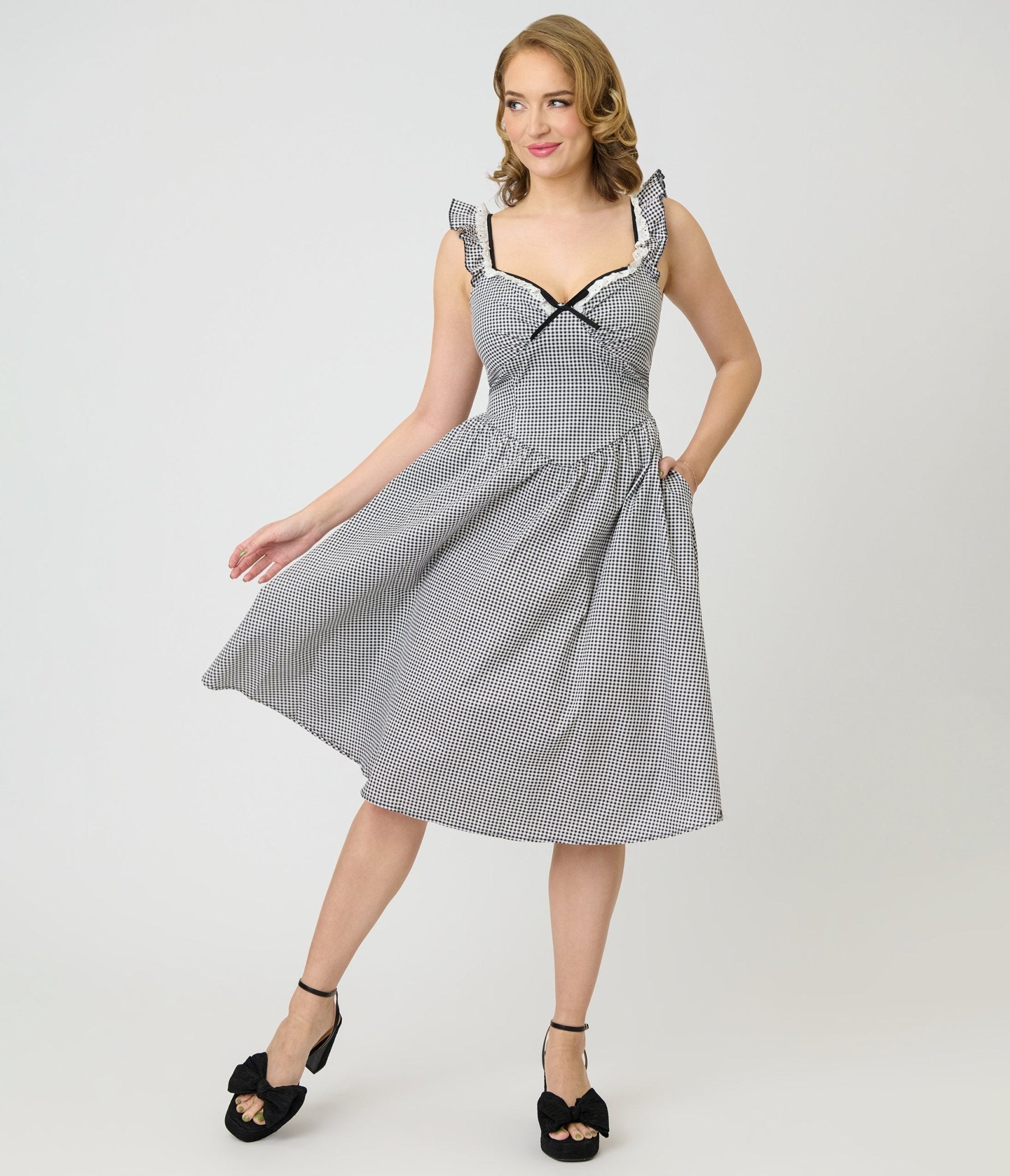 strapless open back dress Unique Vintage Black & White Gingham Sweetheart Flutter Sleeve Swing D