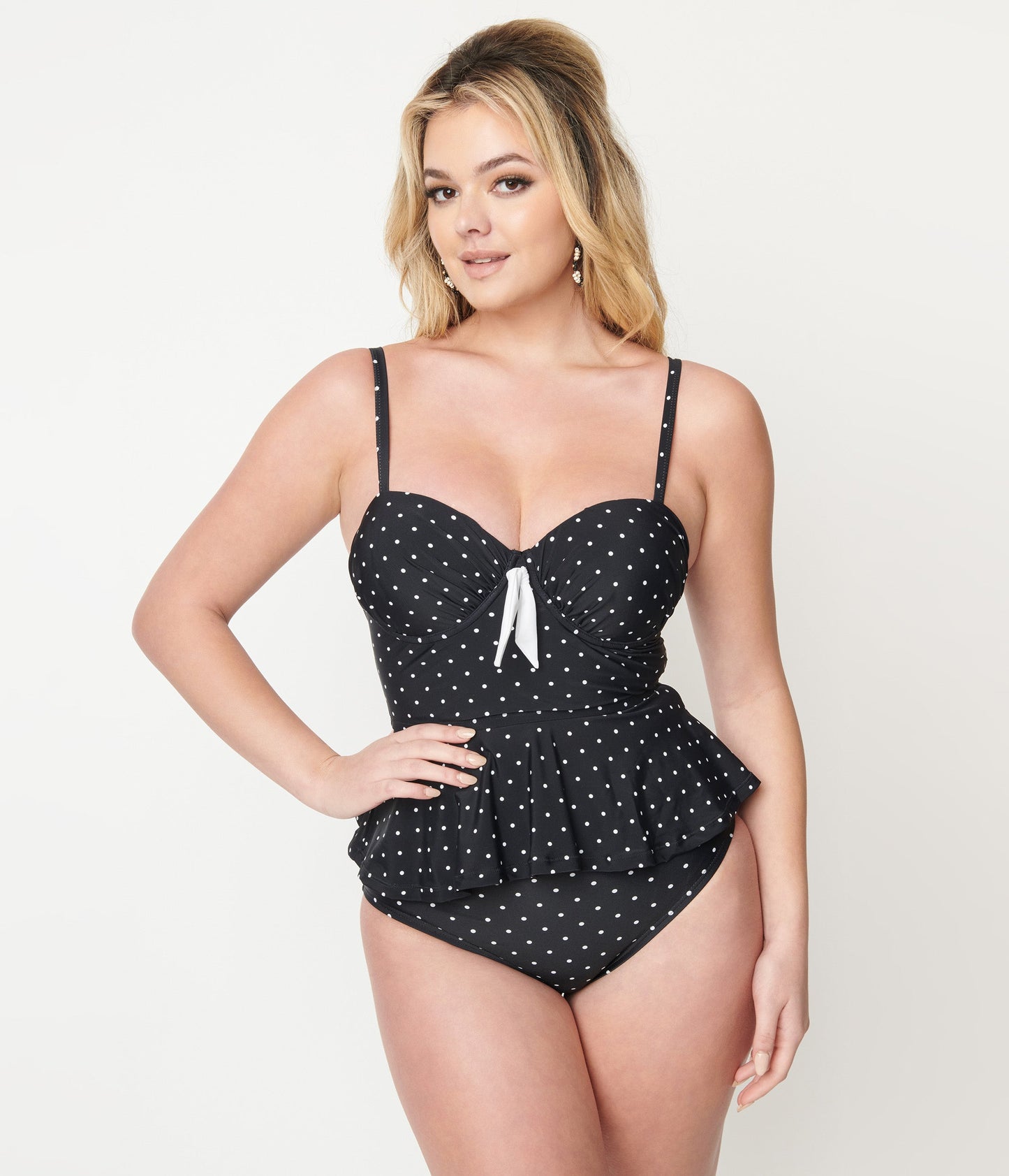 Unique Vintage Black & White Pin Dot Peplum Solana Tankini Swim Top - Unique Vintage - Womens, SWIM, TOP