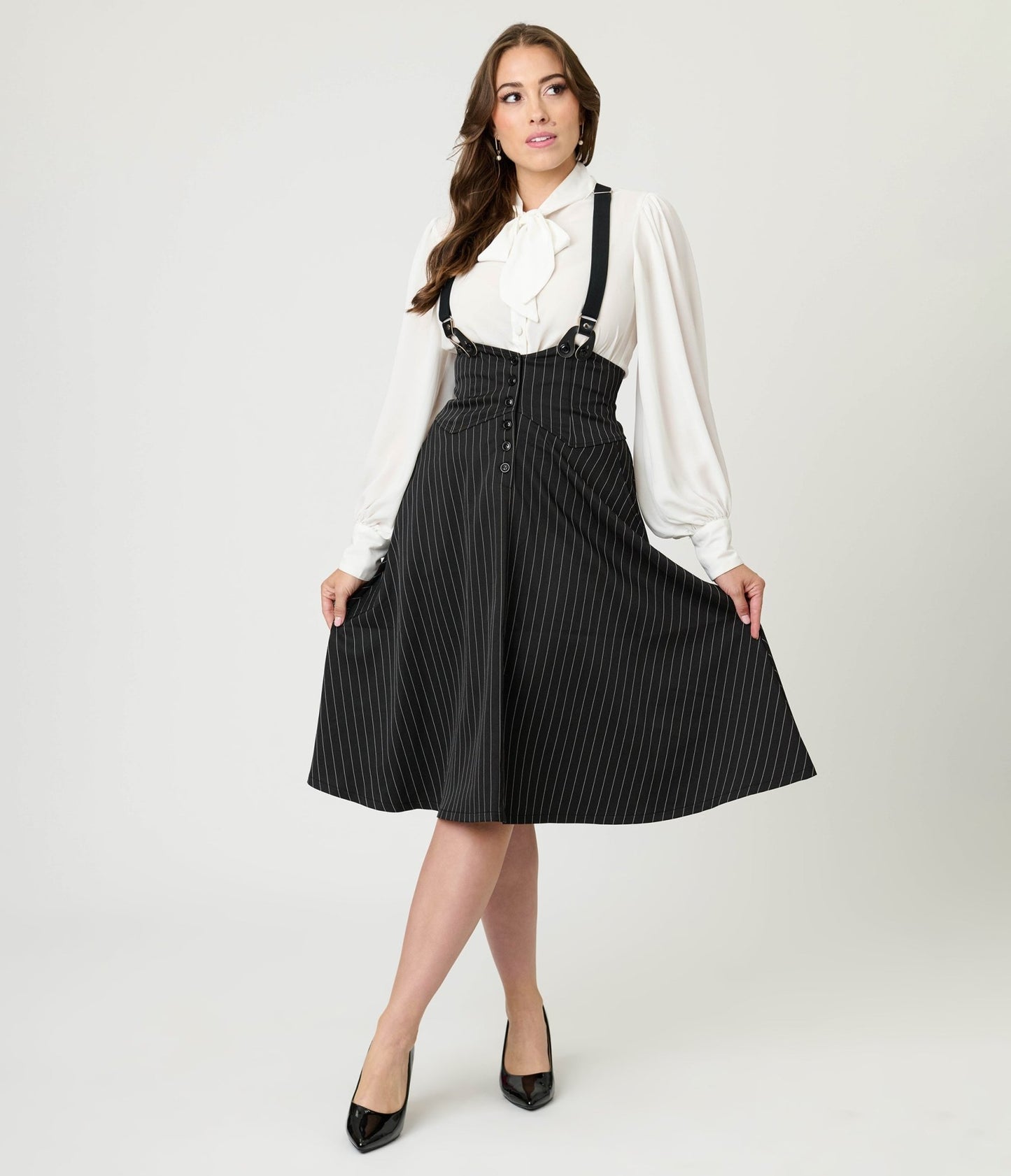 Unique Vintage Black & White Pin Stripe Suspender Swing Skirt - Unique Vintage - Womens, BOTTOMS, SKIRTS