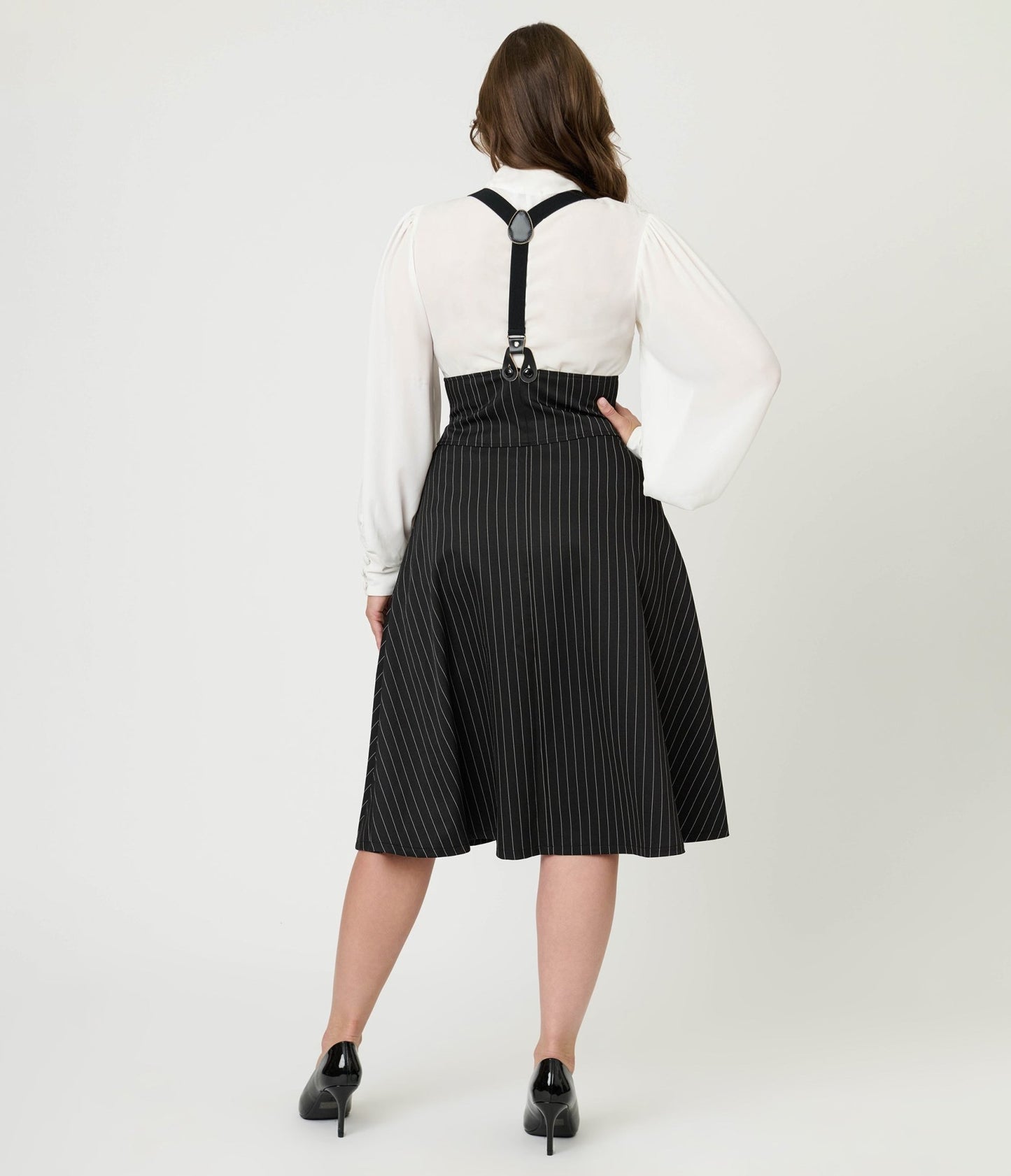 Unique Vintage Black & White Pin Stripe Suspender Swing Skirt - Unique Vintage - Womens, BOTTOMS, SKIRTS