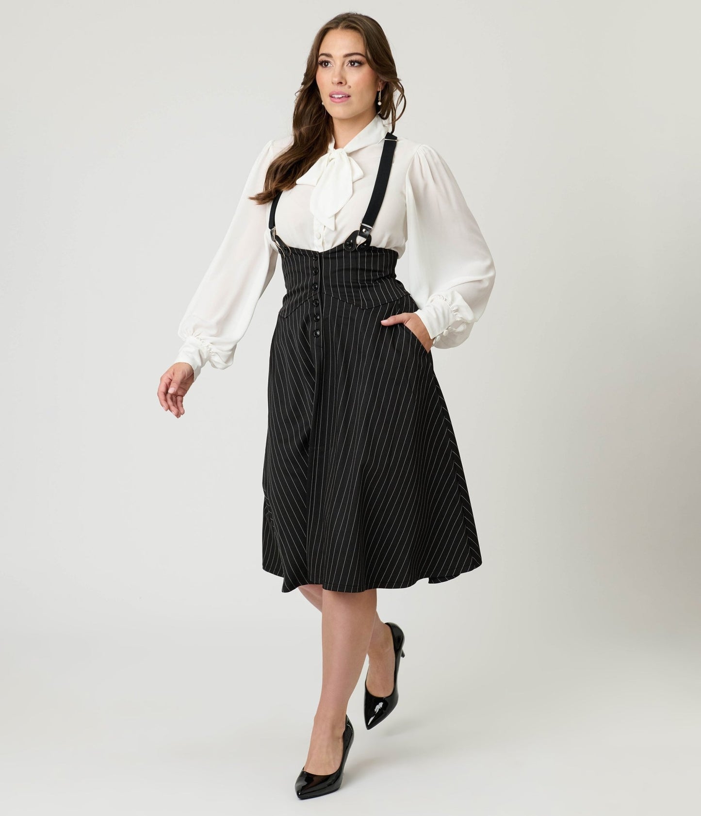 Unique Vintage Black & White Pin Stripe Suspender Swing Skirt - Unique Vintage - Womens, BOTTOMS, SKIRTS