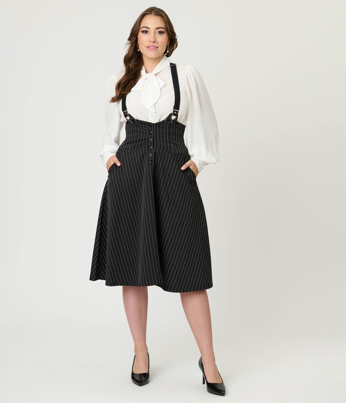 Unique Vintage Black & White Pin Stripe Suspender Swing Skirt - Unique Vintage - Womens, BOTTOMS, SKIRTS