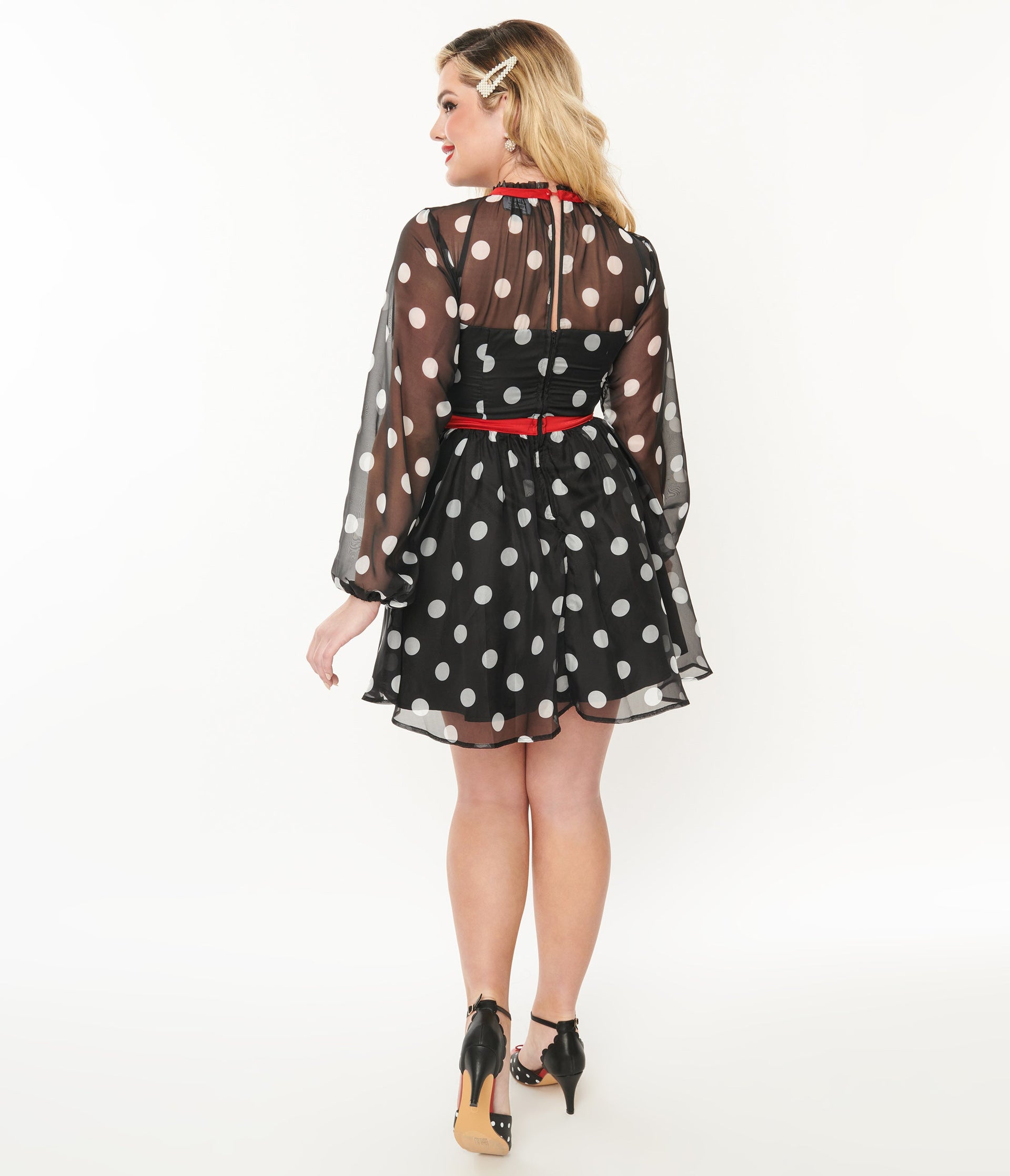 Unique Vintage Black & White Polka Dot Flocked Tulle Dress - Unique Vintage - Womens, DRESSES, FIT AND FLARE