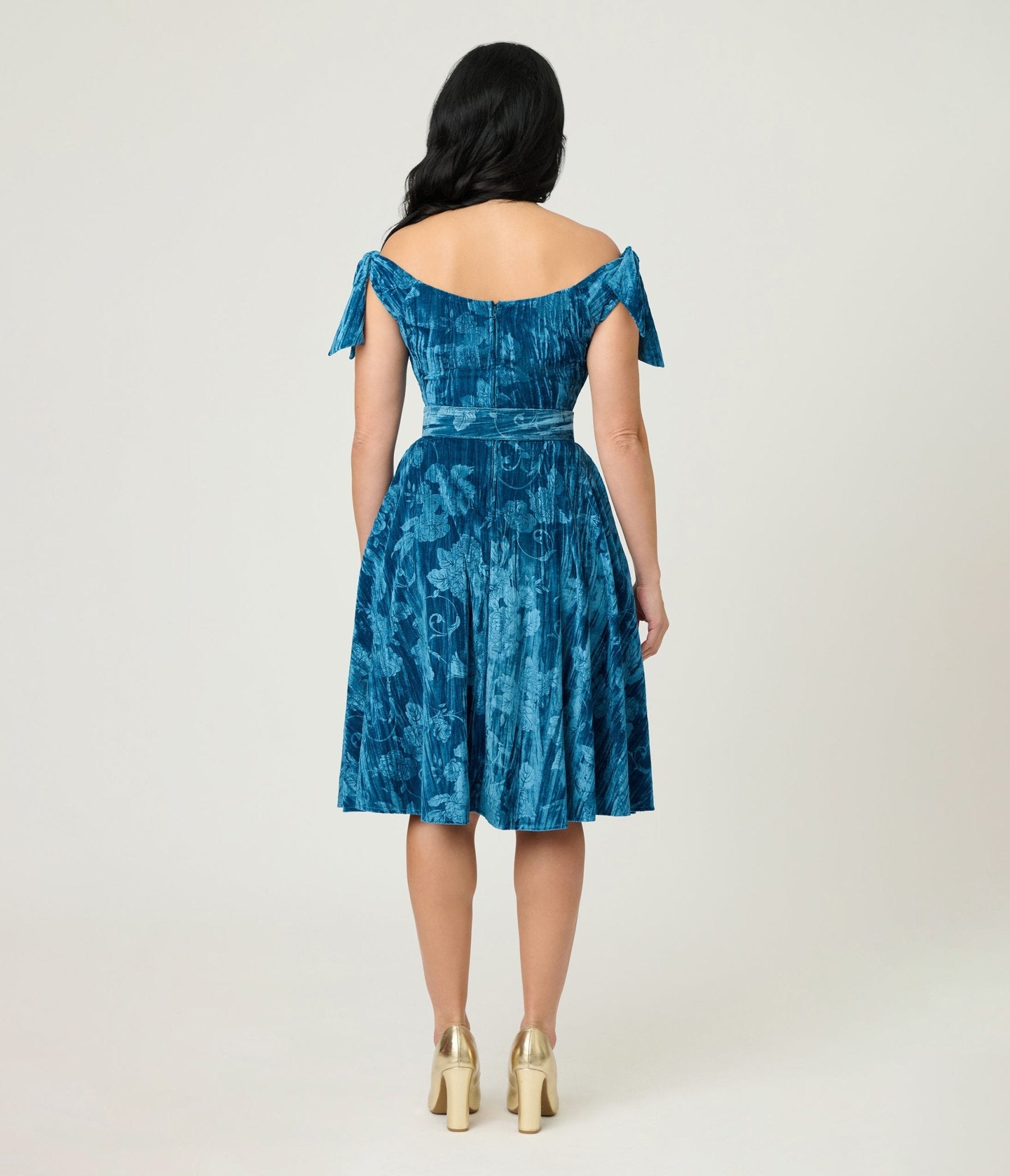 Unique Vintage Blue Floral Embossed Velvet Prairie Swing Dress - Unique Vintage - Womens, DRESSES, SWING