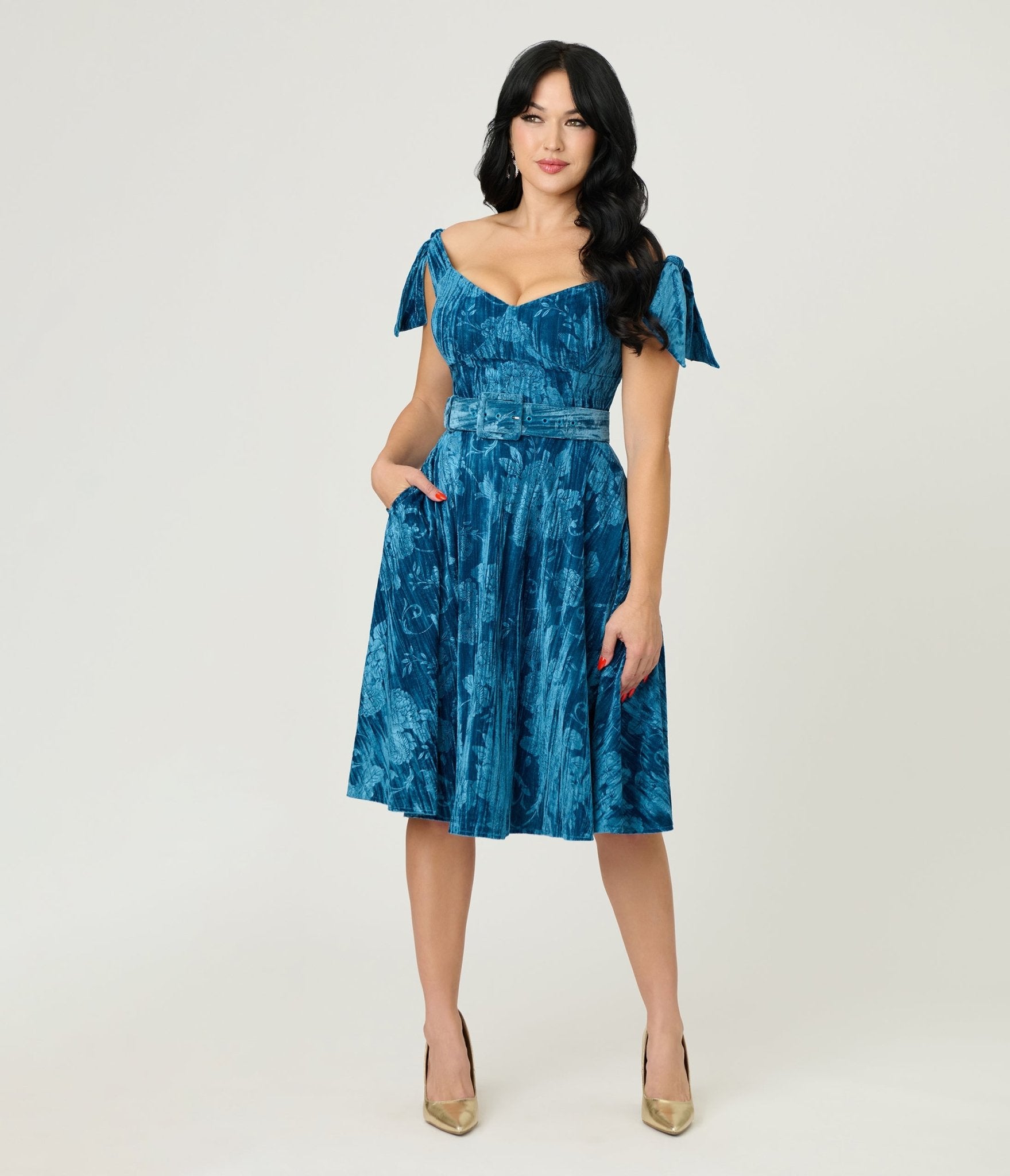 Unique Vintage Blue Floral Embossed Velvet Prairie Swing Dress - Unique Vintage - Womens, DRESSES, SWING