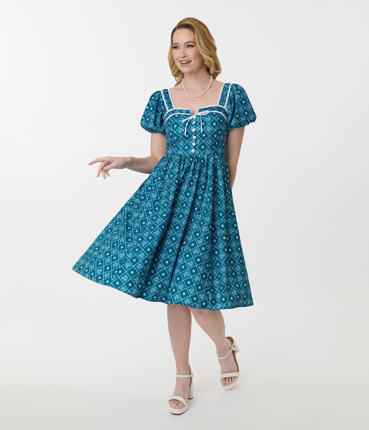 Unique Vintage Blue French Country Diamond Button Front Dress - Unique Vintage - Womens, DRESSES, SWING