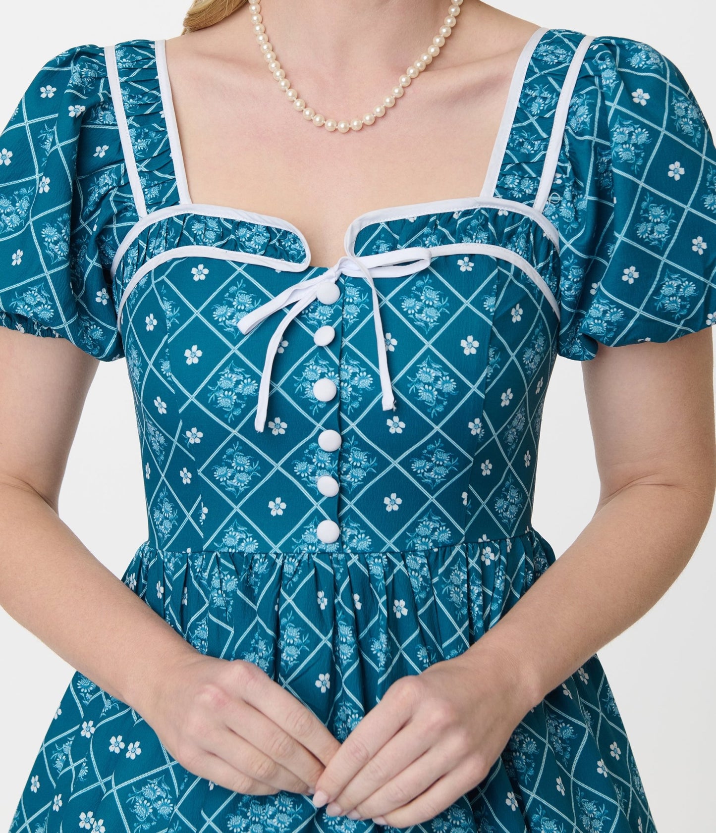 Unique Vintage Blue French Country Diamond Button Front Dress - Unique Vintage - Womens, DRESSES, SWING