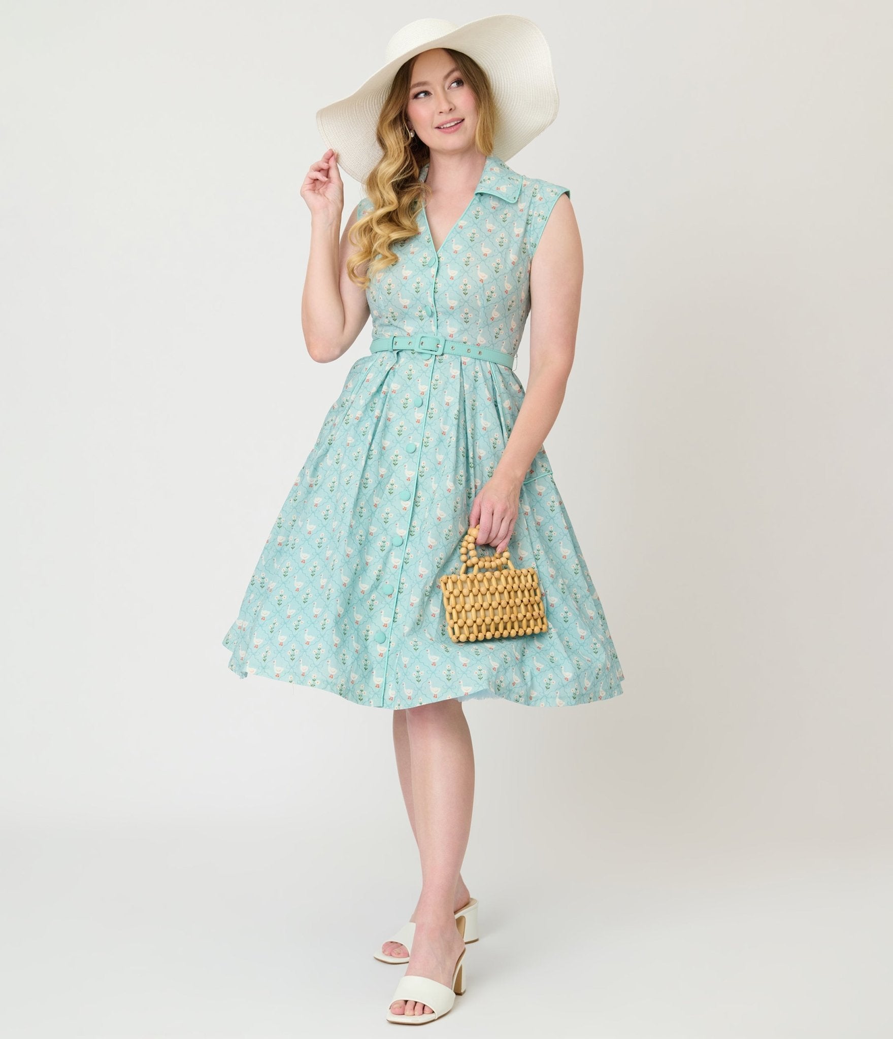 white christmas dresses Unique Vintage Blue & Goose Print Cotton Shirt Swing Dress