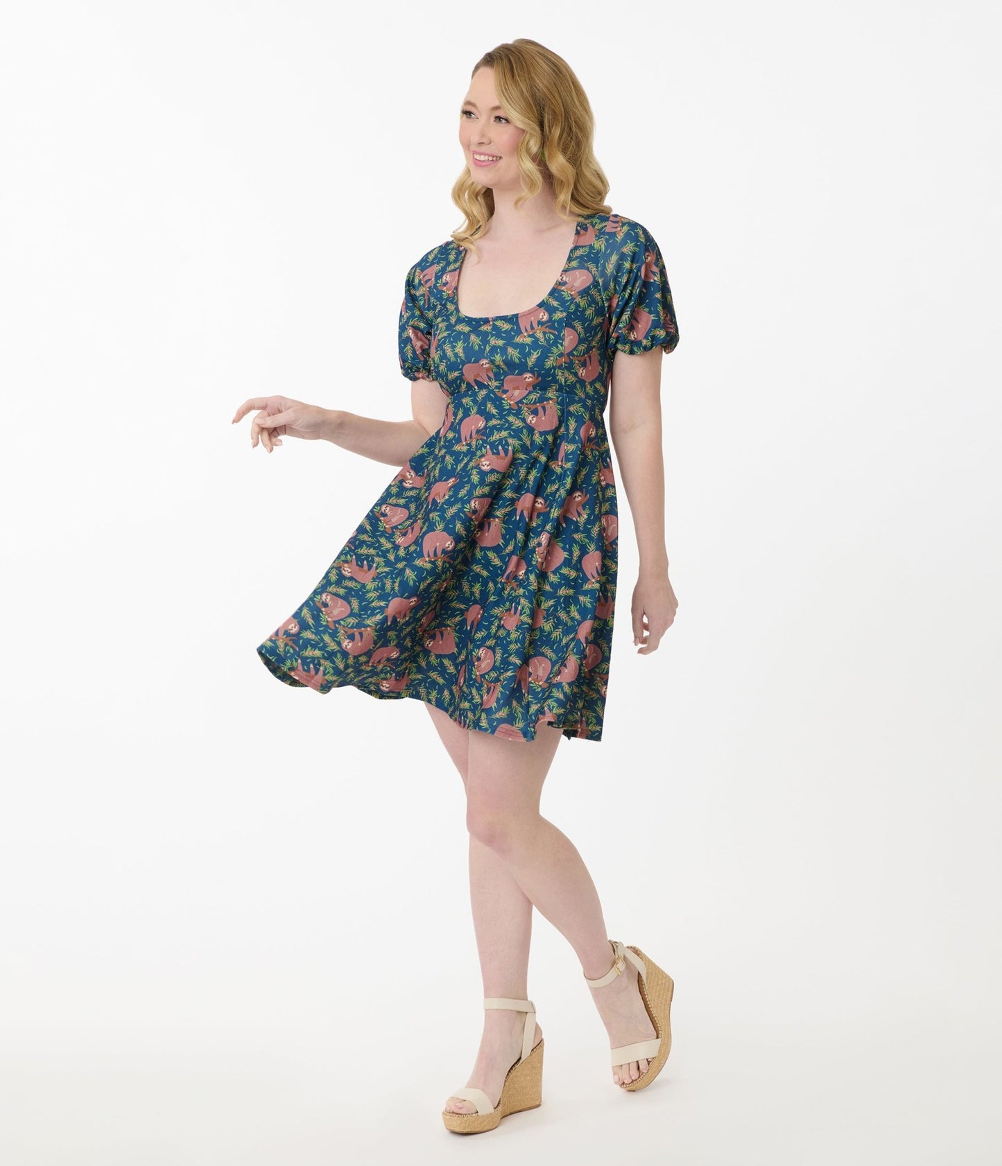 Unique Vintage Blue Summer Sloth Print Fit & Flare Dress - Unique Vintage - Womens, DRESSES, FIT AND FLARE