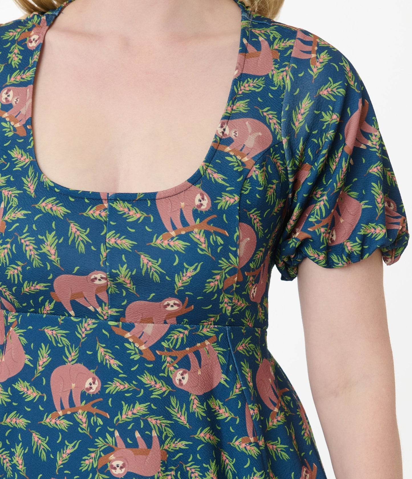Unique Vintage Blue Summer Sloth Print Fit & Flare Dress - Unique Vintage - Womens, DRESSES, FIT AND FLARE