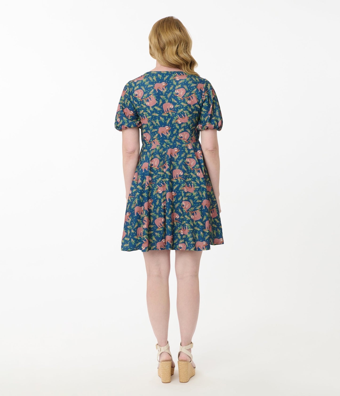 Unique Vintage Blue Summer Sloth Print Fit & Flare Dress - Unique Vintage - Womens, DRESSES, FIT AND FLARE