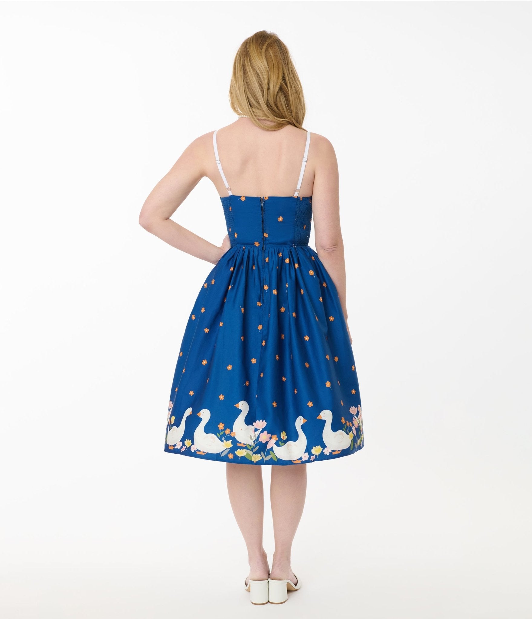 Unique Vintage Blue & White Goose Cotton Swing Dress - Unique Vintage - Womens, DRESSES, SWING